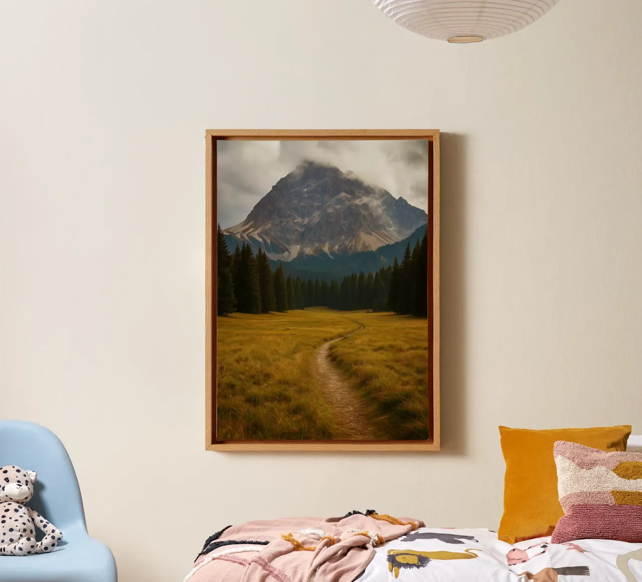 pad door de weide naar het bergnatuurpanorama canvas met Baklijst van chinerei