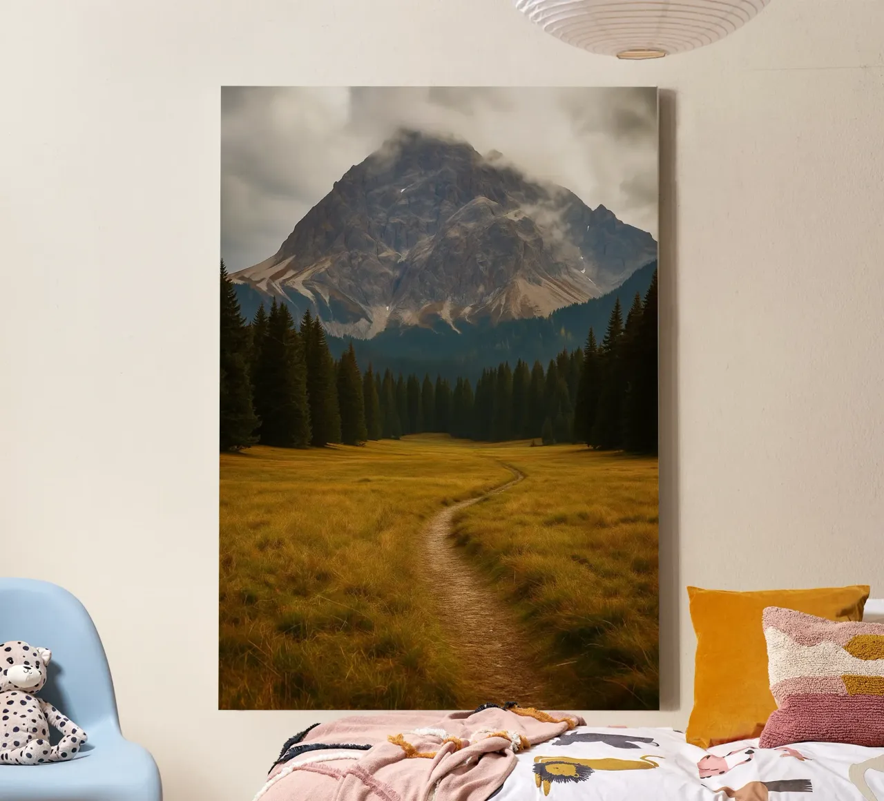 pad door de weide naar het bergnatuurpanorama canvas met Baklijst van chinerei