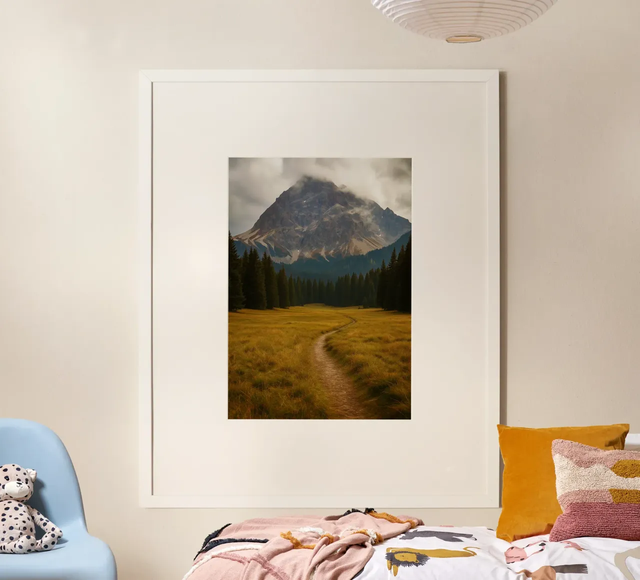 path through the meadow to the mountain nature panorama poster by chinerei