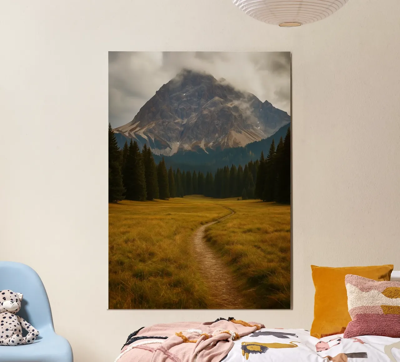 path through the meadow to the mountain nature panorama poster by chinerei