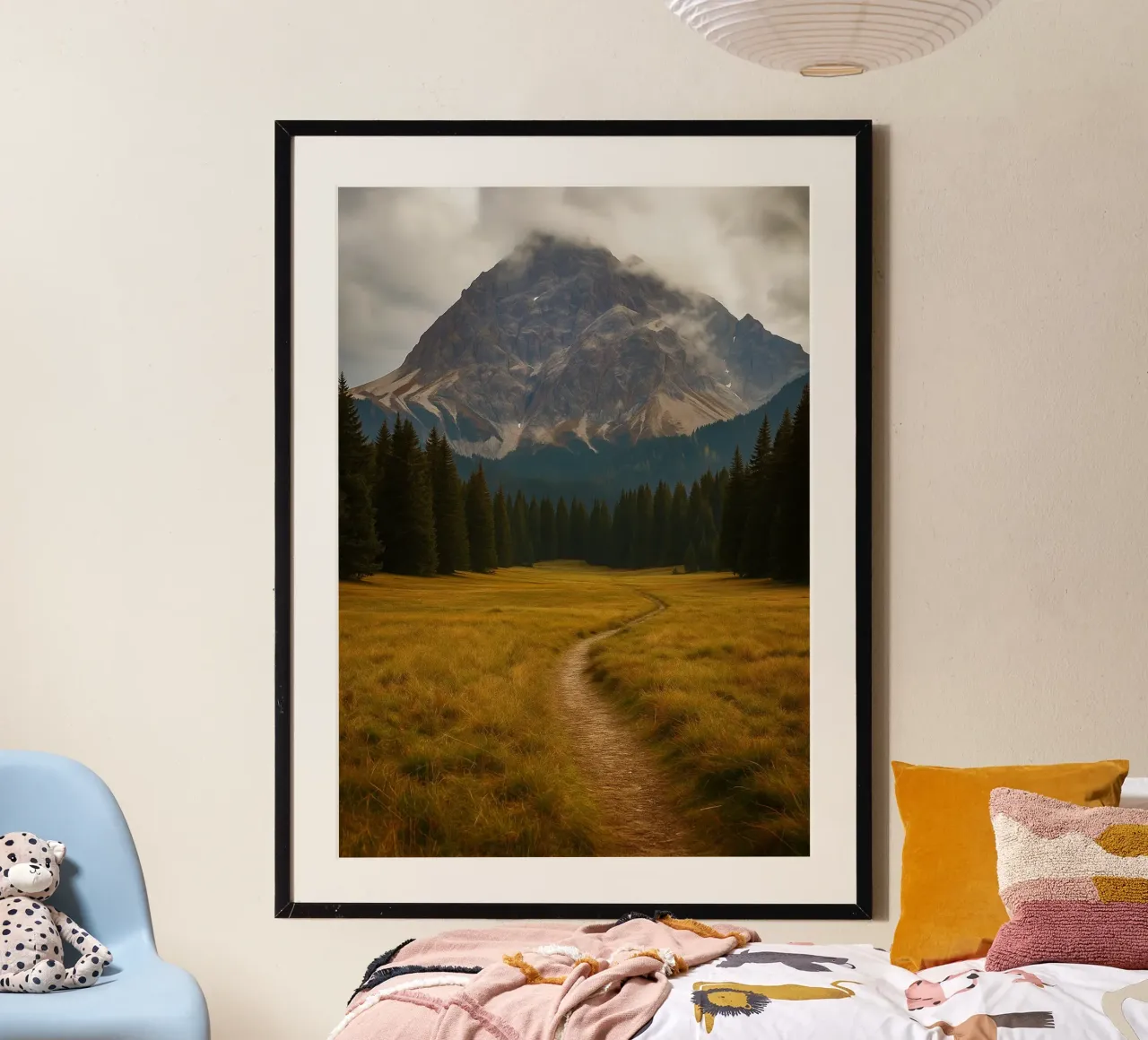 path through the meadow to the mountain nature panorama poster by chinerei