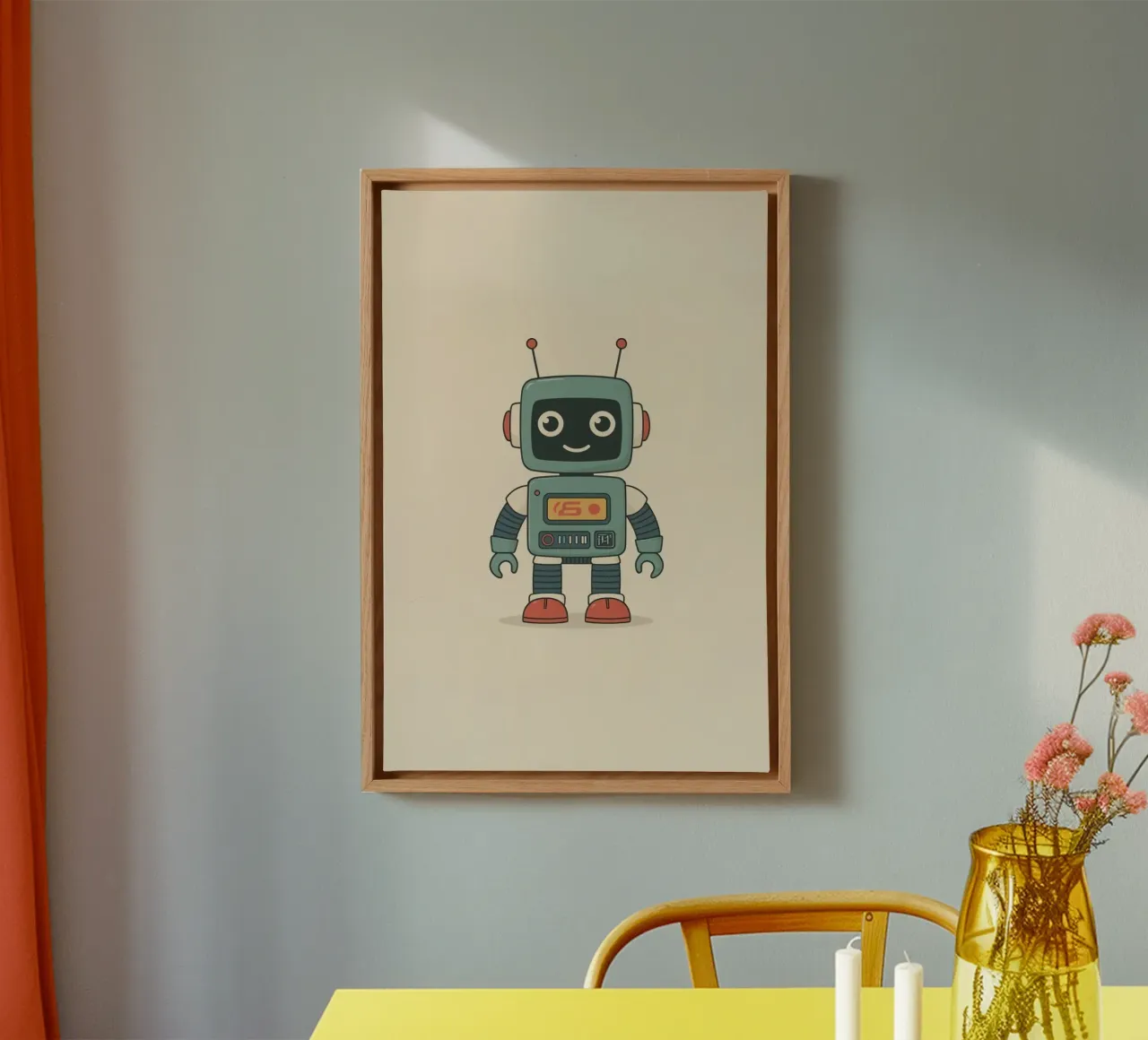 Niedliche Cartoon Roboter auf Beige Hintergrund Leinwand mit Schattenfugenrahmen von DesignDoodle