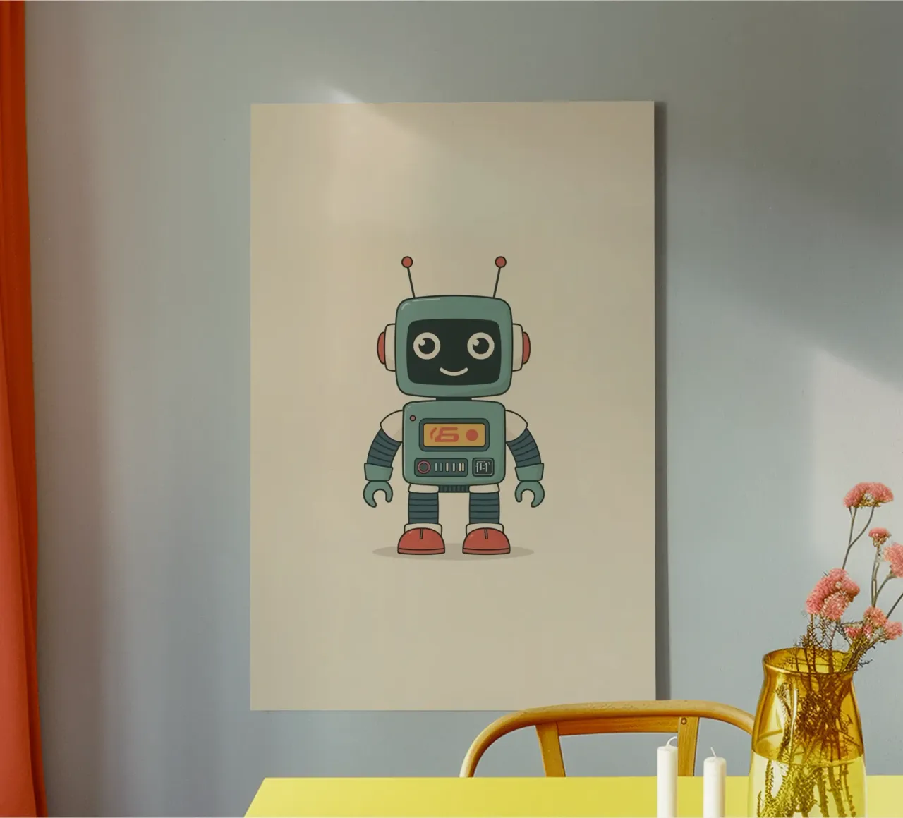 Niedliche Cartoon Roboter auf Beige Hintergrund Leinwand mit Schattenfugenrahmen von DesignDoodle