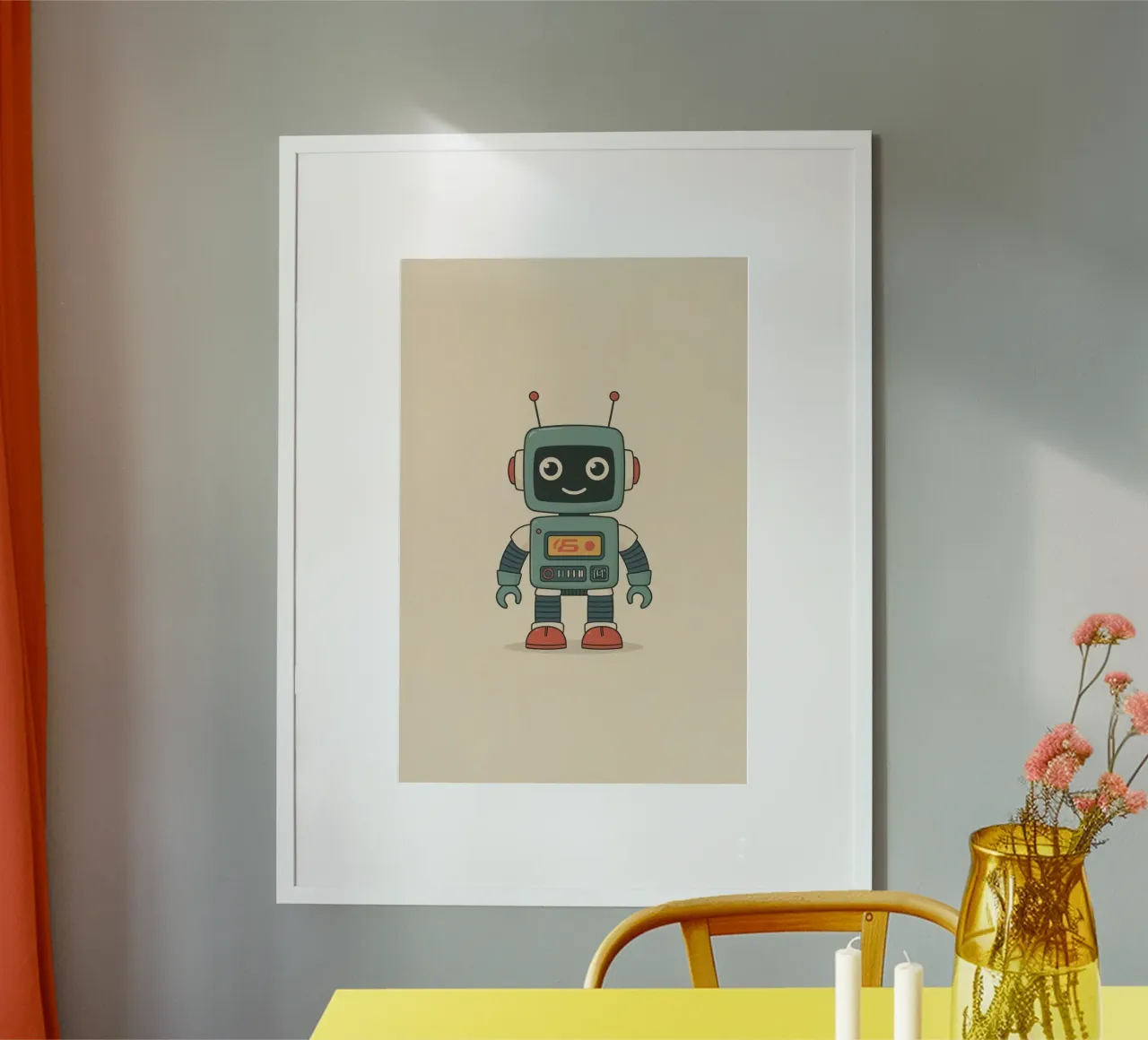 Simpático robot de dibujos animados sobre fondo beige poster de DesignDoodle