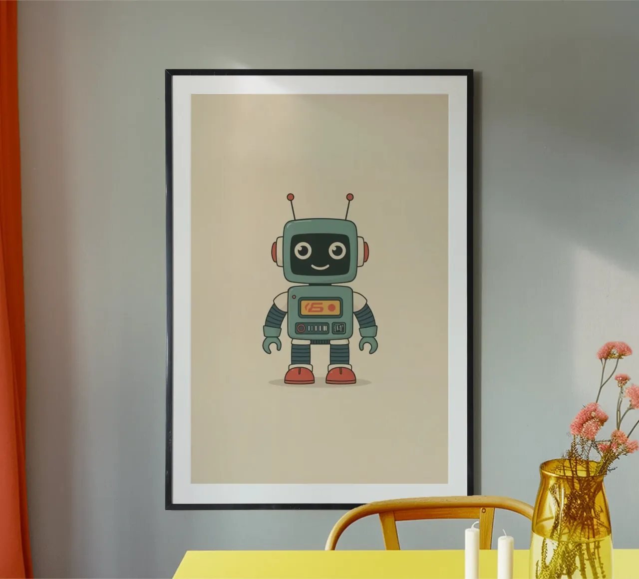 Simpático robot de dibujos animados sobre fondo beige poster de DesignDoodle