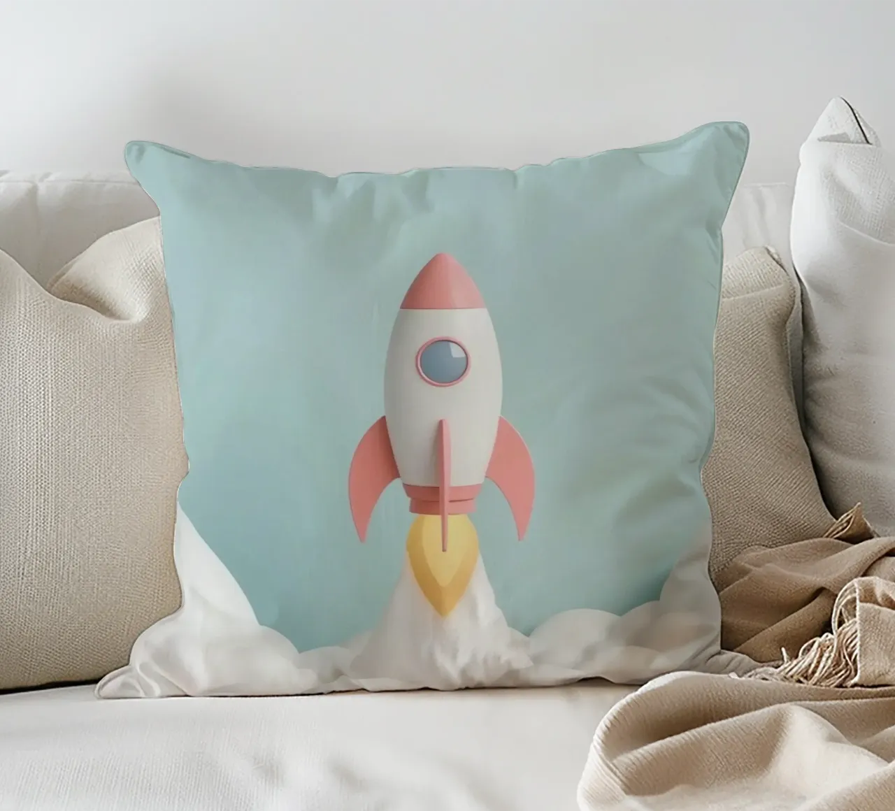 Lancio di un razzo attraverso le nuvole bianche cuscino da DesignDoodle