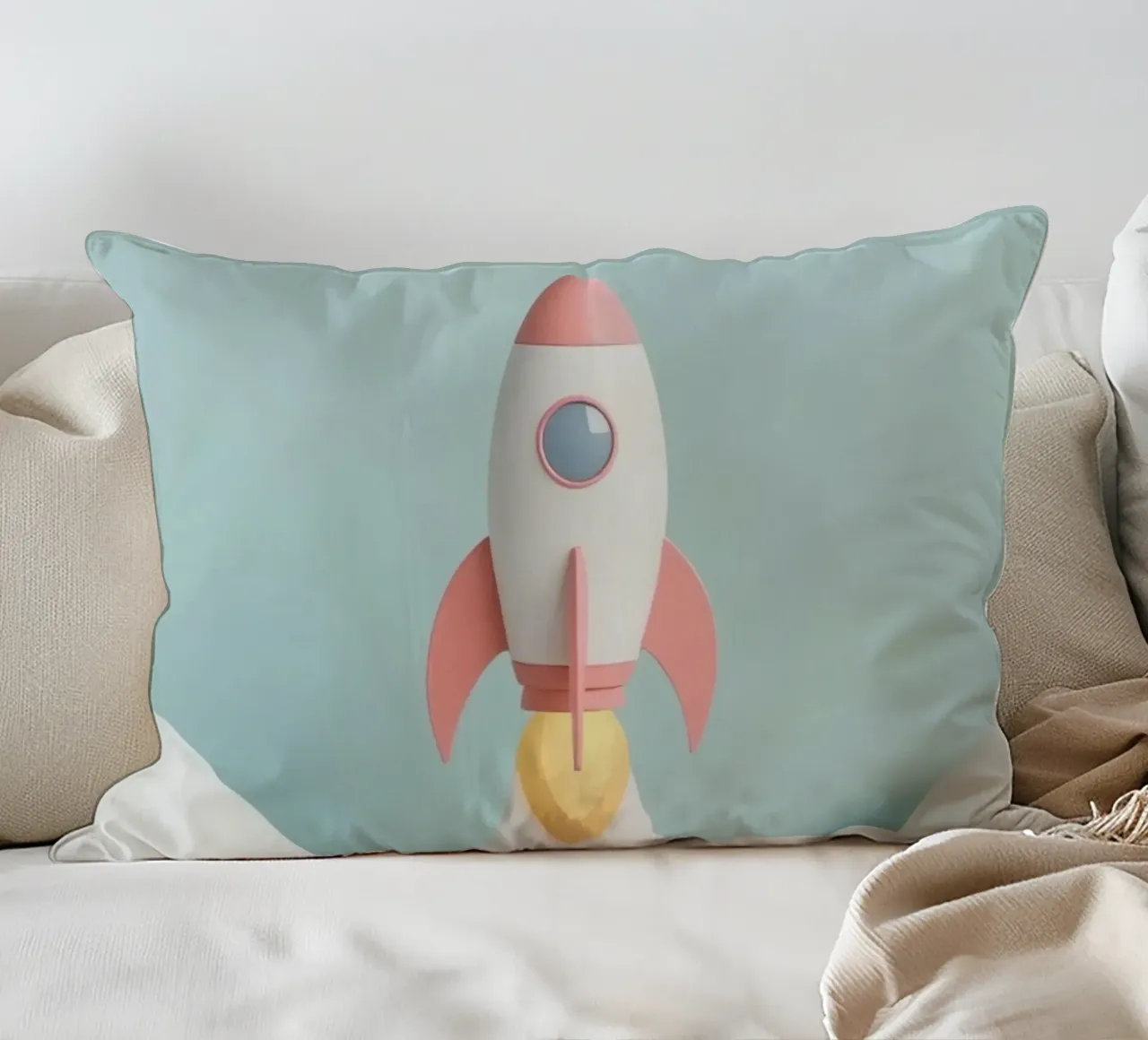 Lancio di un razzo attraverso le nuvole bianche cuscino da DesignDoodle
