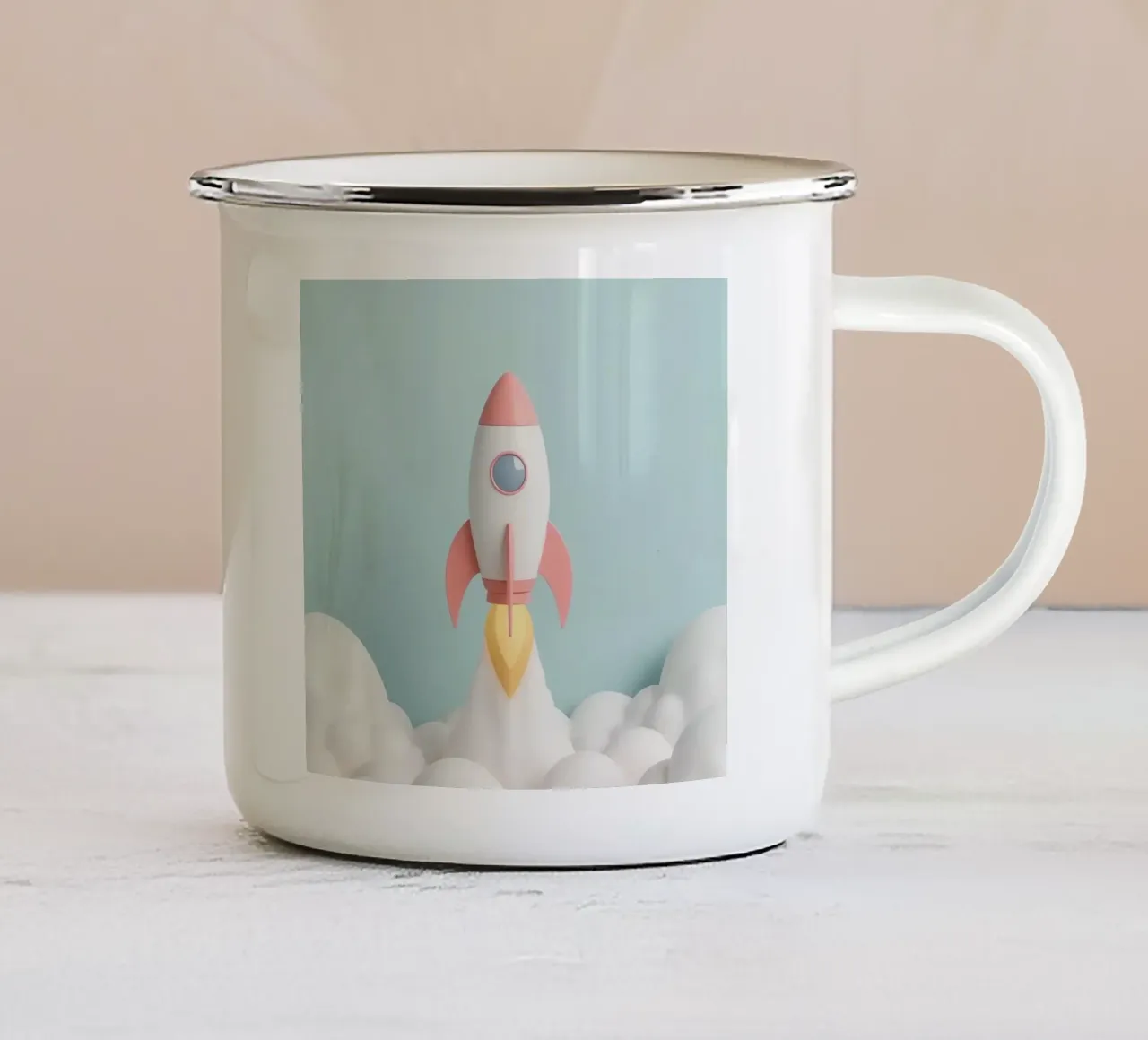 Lancio di un razzo attraverso le nuvole bianche tazza in smalto da DesignDoodle