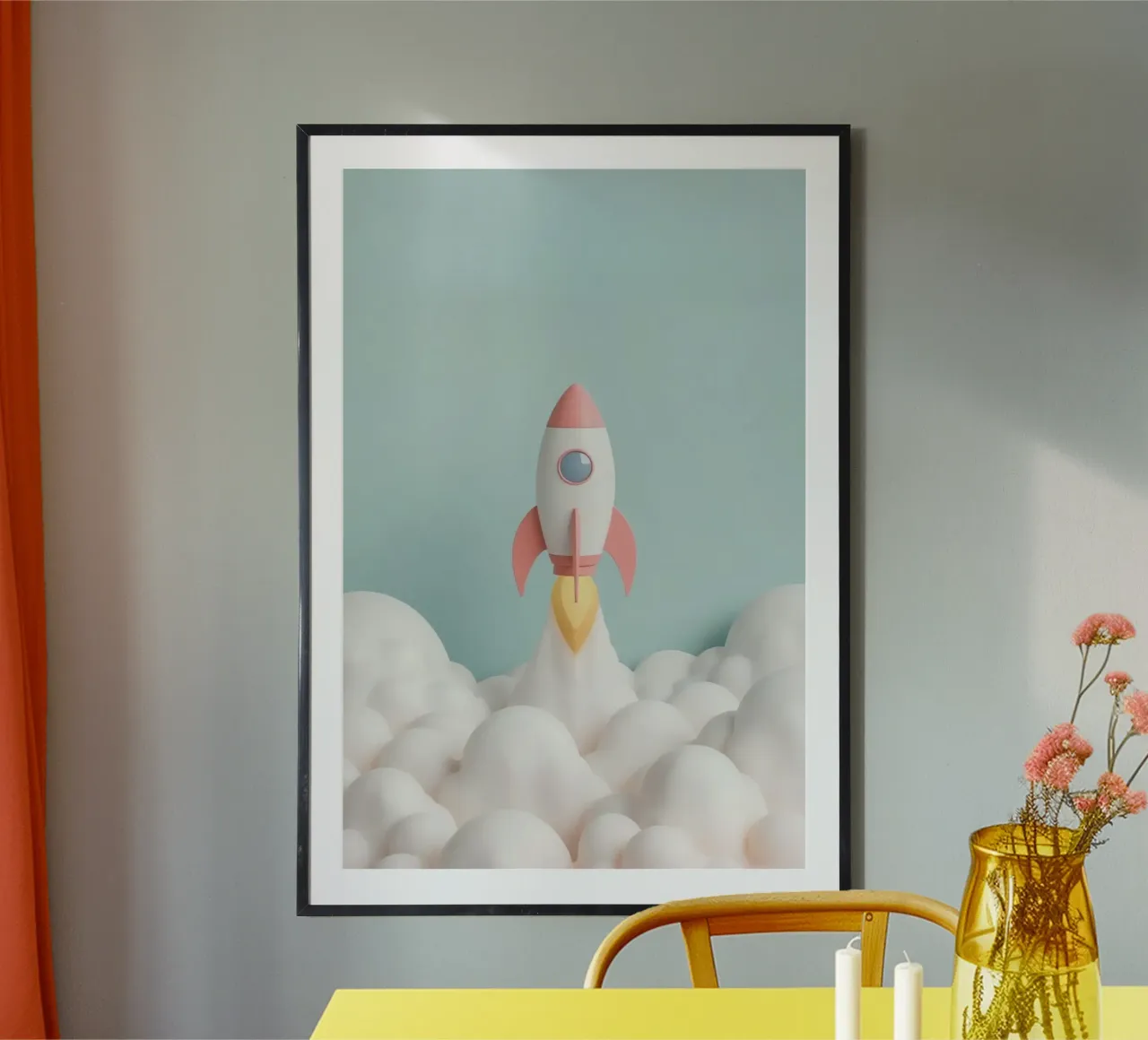 Lancement d'une fusée à travers des nuages blancs poster avec cadre en aluminium de DesignDoodle