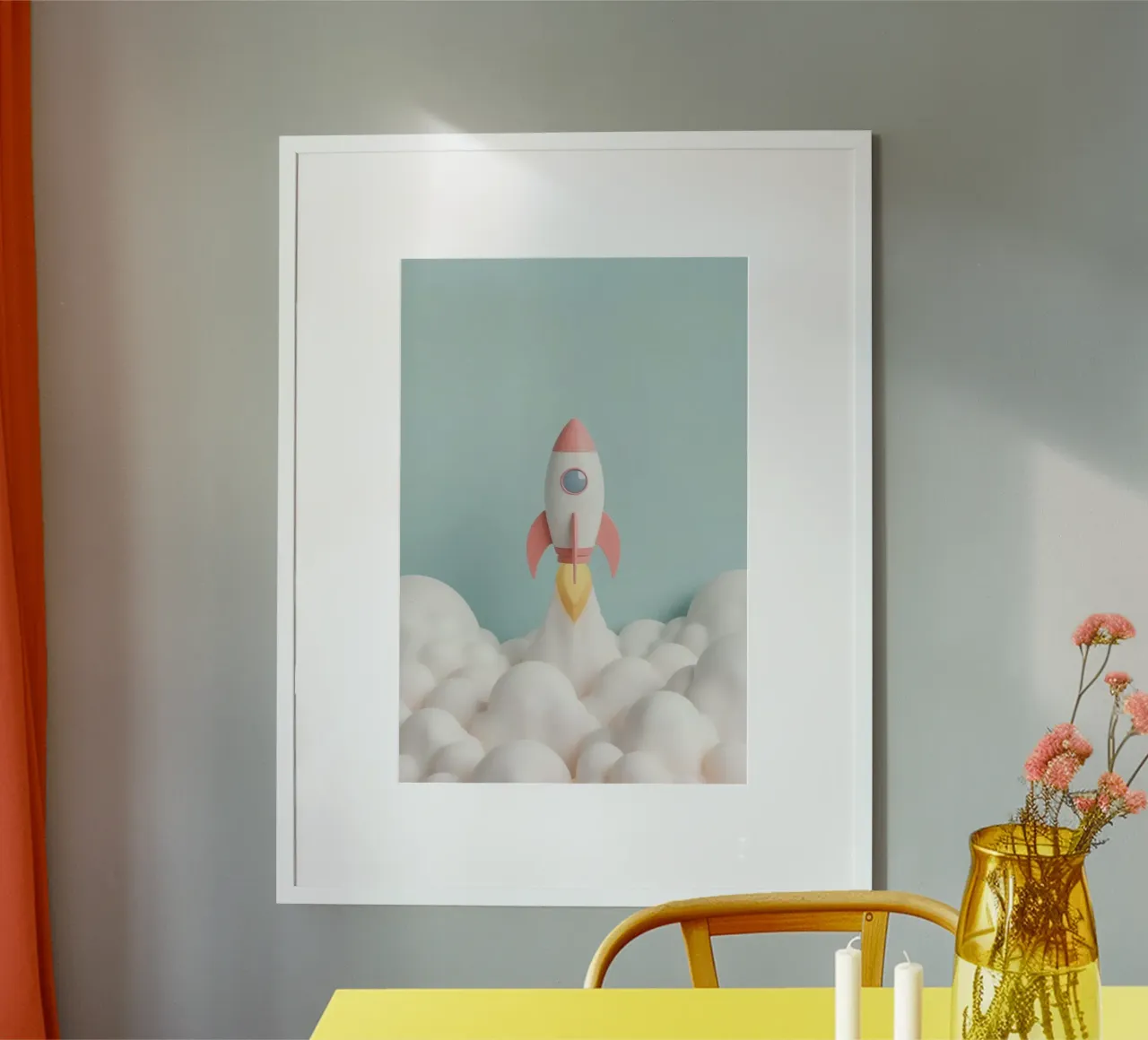 Lancement d'une fusée à travers des nuages blancs poster avec cadre en aluminium de DesignDoodle