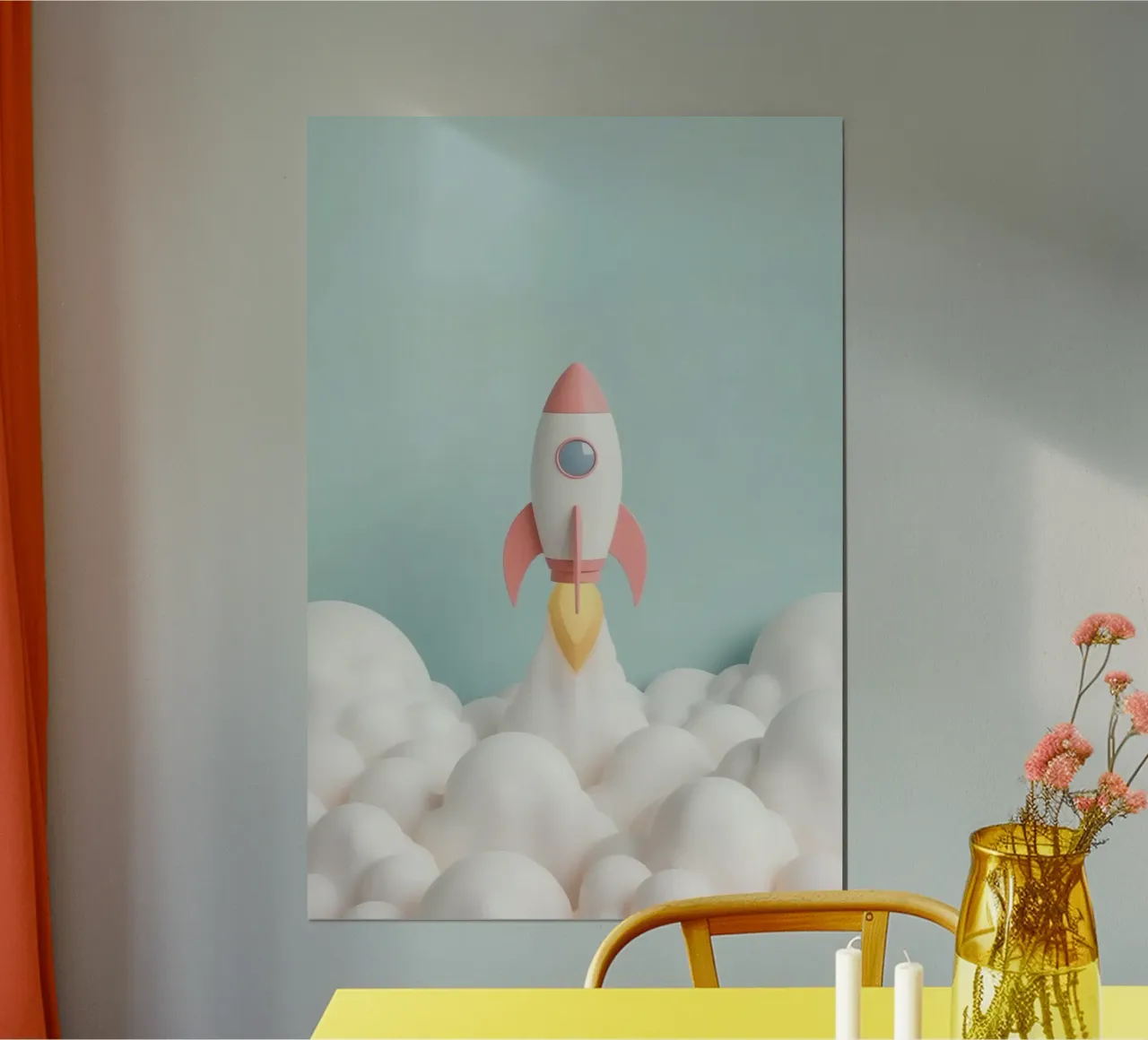 Lancement d'une fusée à travers des nuages blancs poster avec cadre en aluminium de DesignDoodle