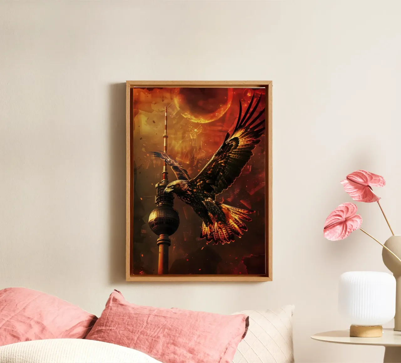 Adler Berlin Fernsehturm mystische Fantasie Kunst Leinwand mit Schattenfugenrahmen von WILD ART