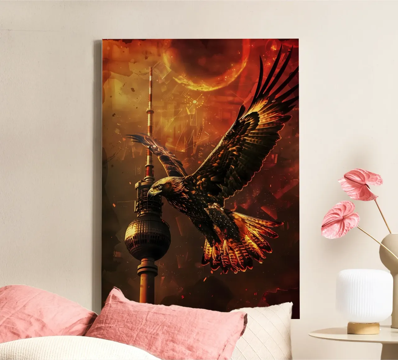 Adler Berlin Fernsehturm mystische Fantasie Kunst Leinwand mit Schattenfugenrahmen von WILD ART