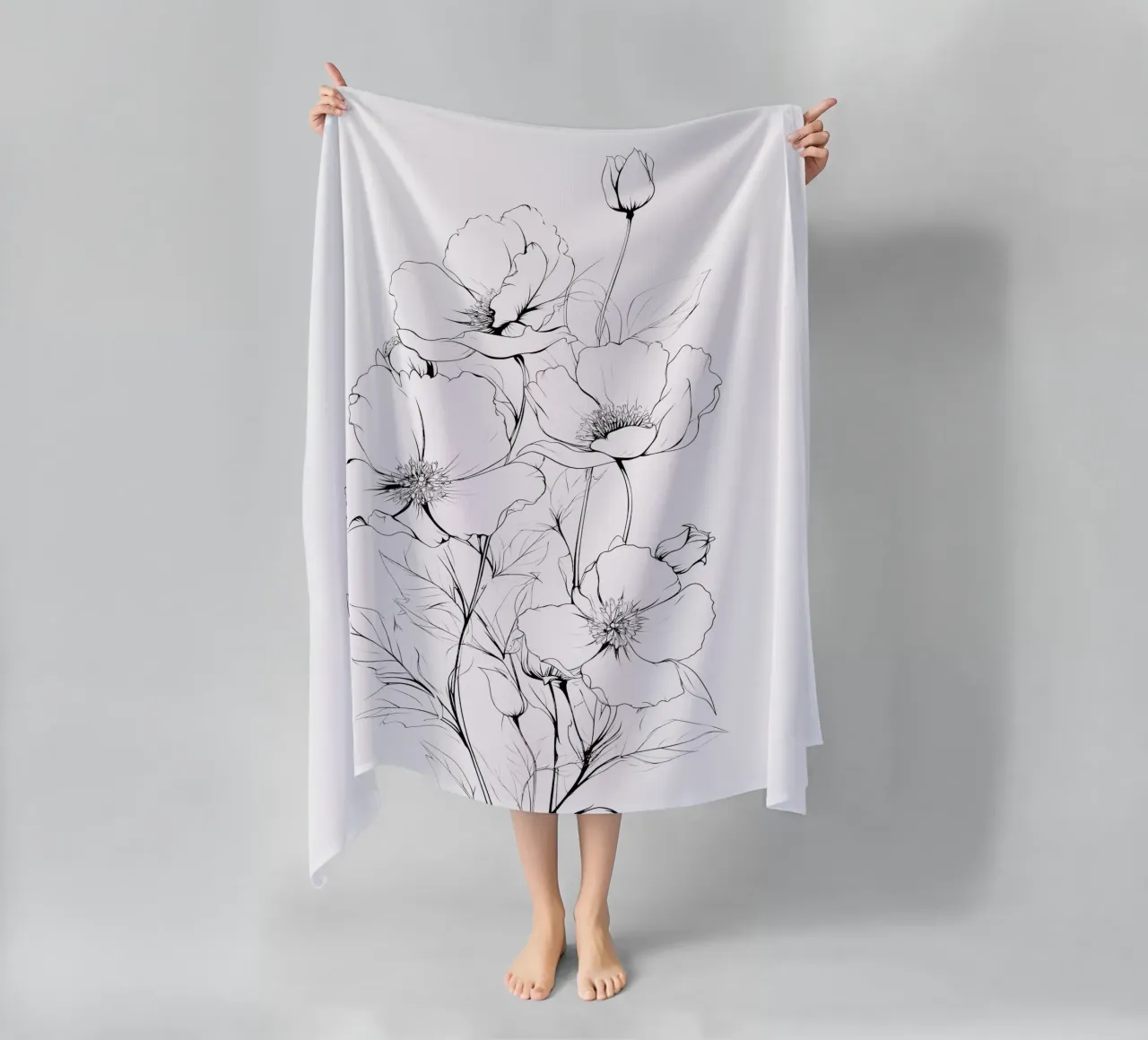 Fiori disegnati a mano in nero telo mare da Katja Stehle Design