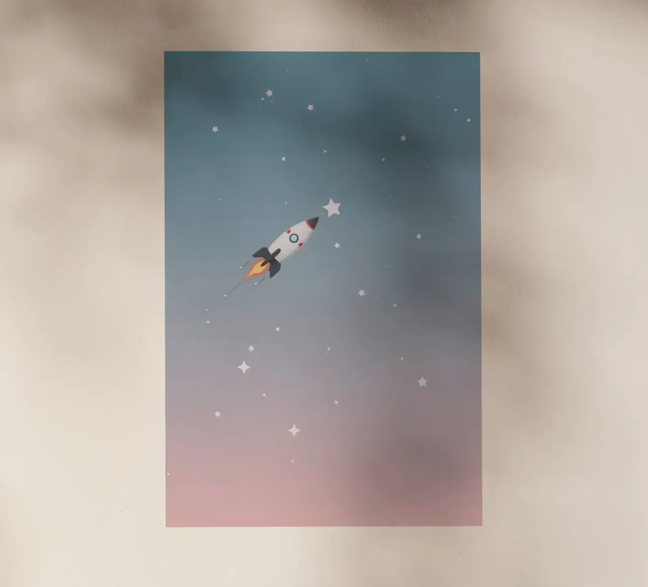 Nave razzo a cartoni animati in cerca di stelle in un cielo stellato a gradiente pellicola backlit da DesignDoodle