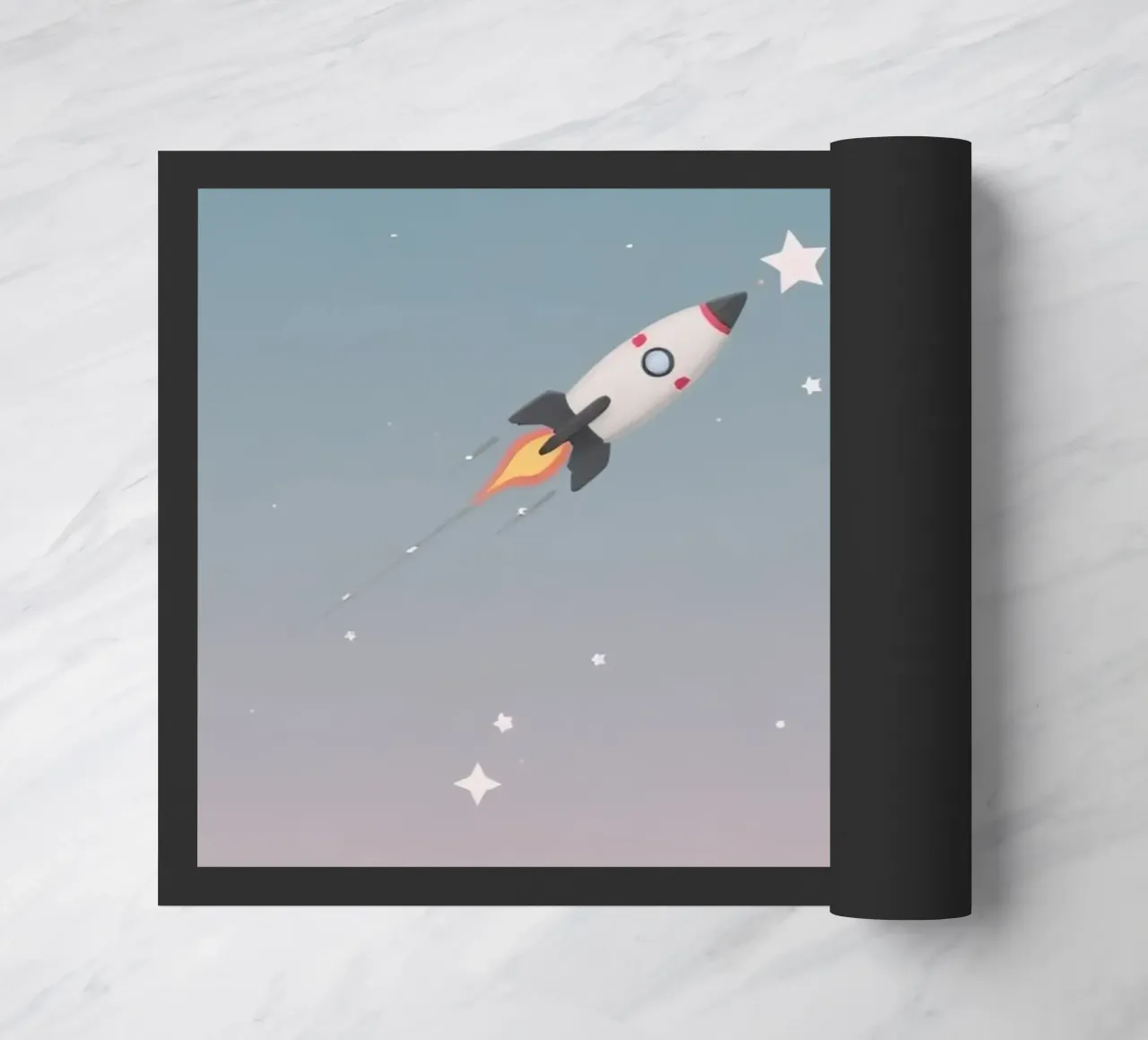 Nave razzo a cartoni animati in cerca di stelle in un cielo stellato a gradiente zerbino da DesignDoodle