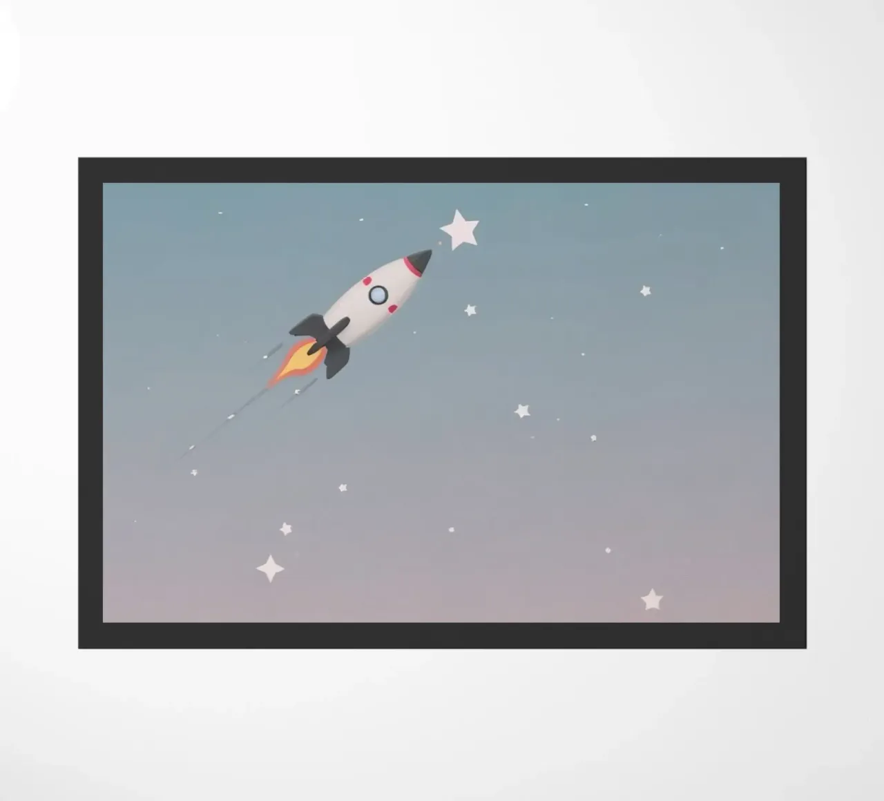 Nave razzo a cartoni animati in cerca di stelle in un cielo stellato a gradiente zerbino da DesignDoodle