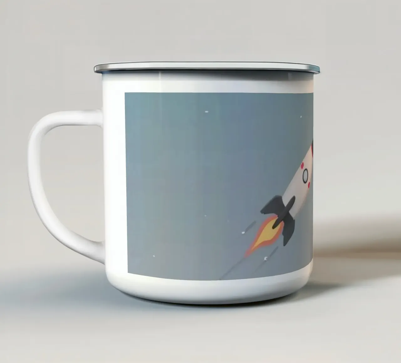 Nave razzo a cartoni animati in cerca di stelle in un cielo stellato a gradiente tazza in smalto da DesignDoodle