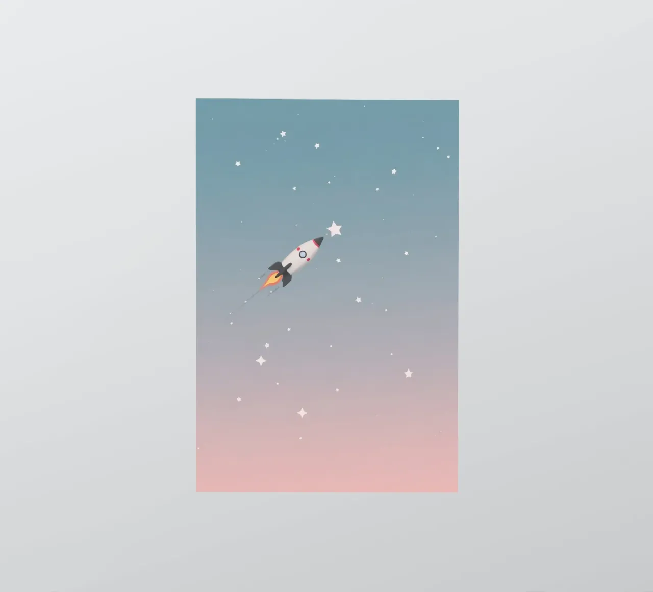 Cartoon Rocket Ship Reaching for Star in Starry Gradient Sky (Fusée de cartoon atteignant une étoile dans un ciel étoilé en dégradé) autocollant de DesignDoodle