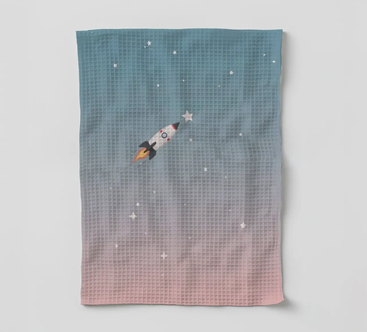 Cartoon Rocket Ship Reaching for Star in Starry Gradient Sky (Fusée de cartoon atteignant une étoile dans un ciel étoilé en dégradé) torchon de DesignDoodle