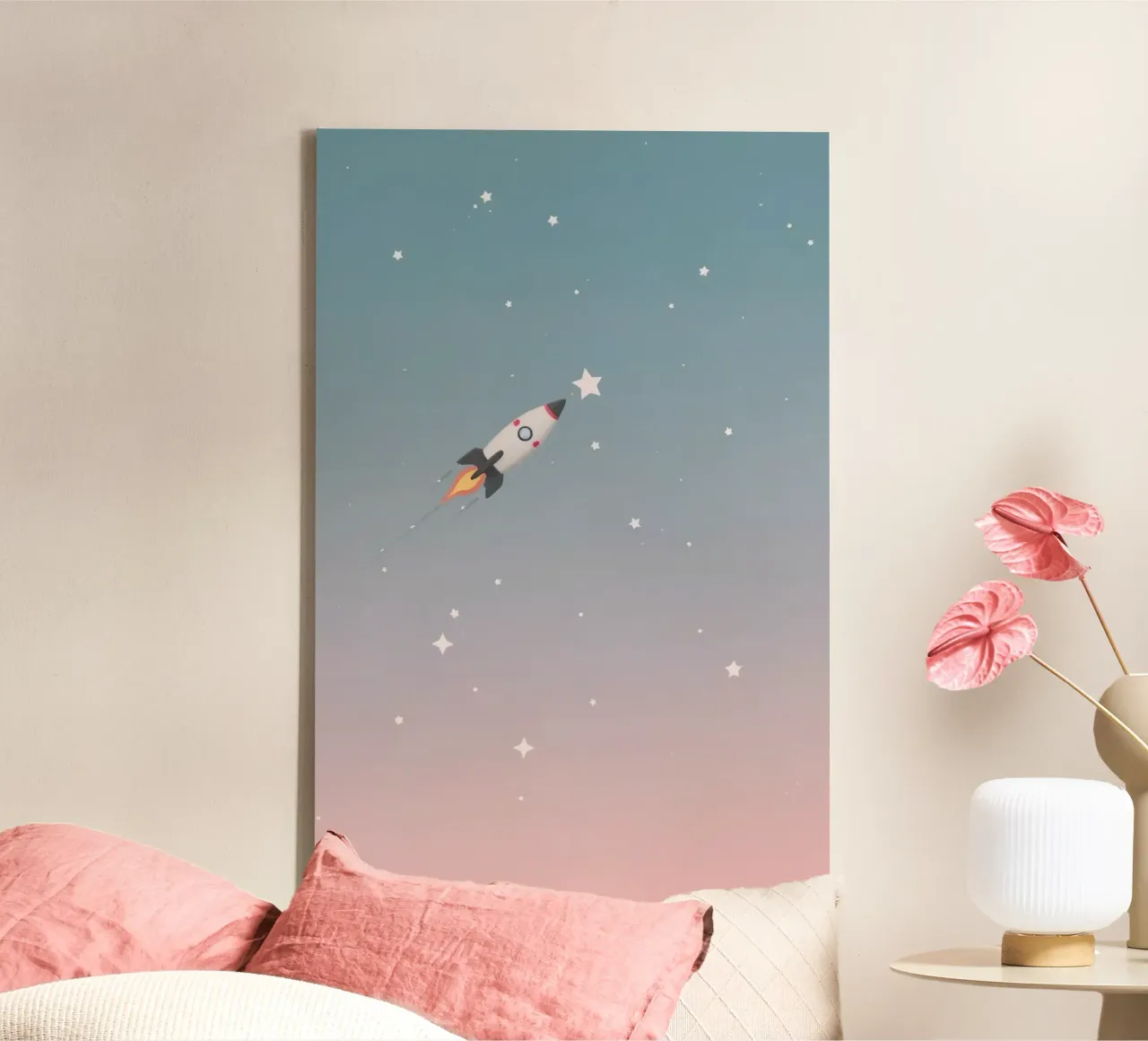 Nave razzo a cartoni animati in cerca di stelle in un cielo stellato a gradiente tela con Cornice a cassetta da DesignDoodle