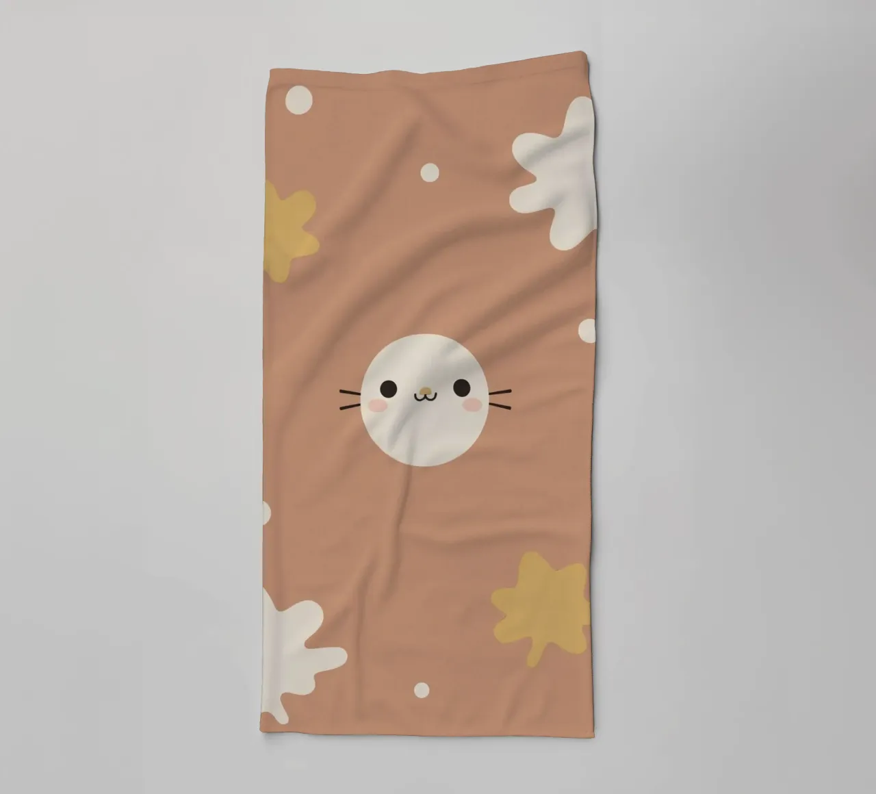 Cute Cartoon Cat Face with Abstract Shapes on Tan Background towel by DesignDoodle