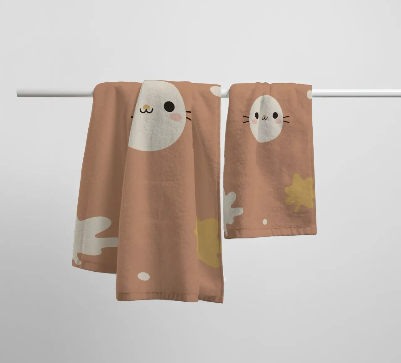 Cute Cartoon Cat Face with Abstract Shapes on Tan Background towel by DesignDoodle