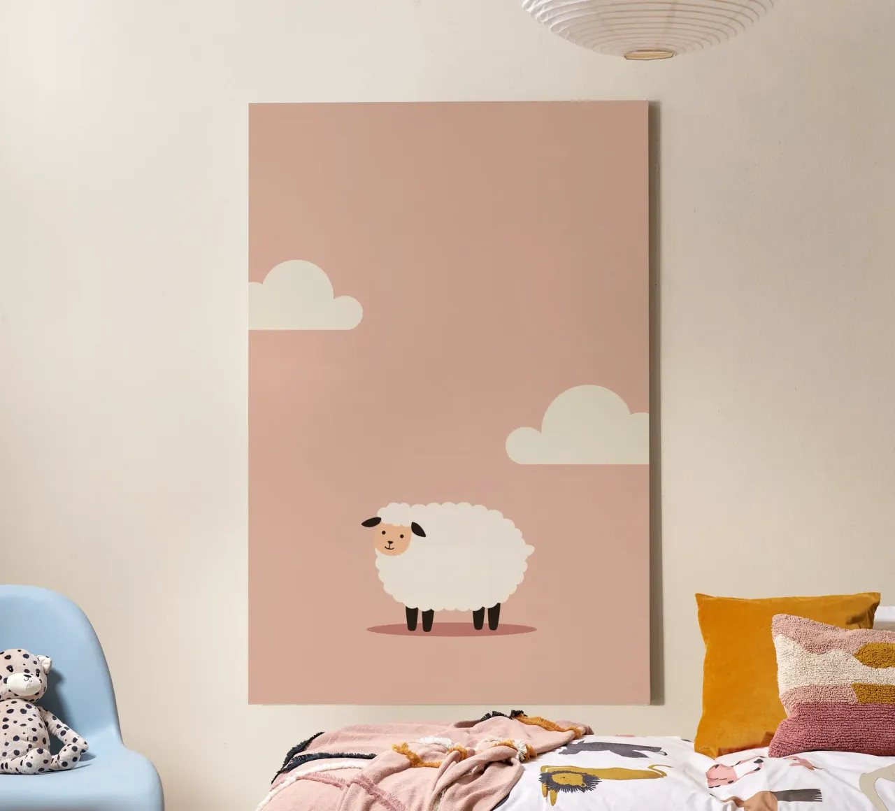 Pecore carine e nuvole su sfondo rosa tela con Cornice a cassetta da DesignDoodle