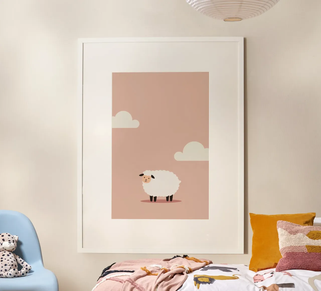 Pecore carine e nuvole su sfondo rosa poster da DesignDoodle