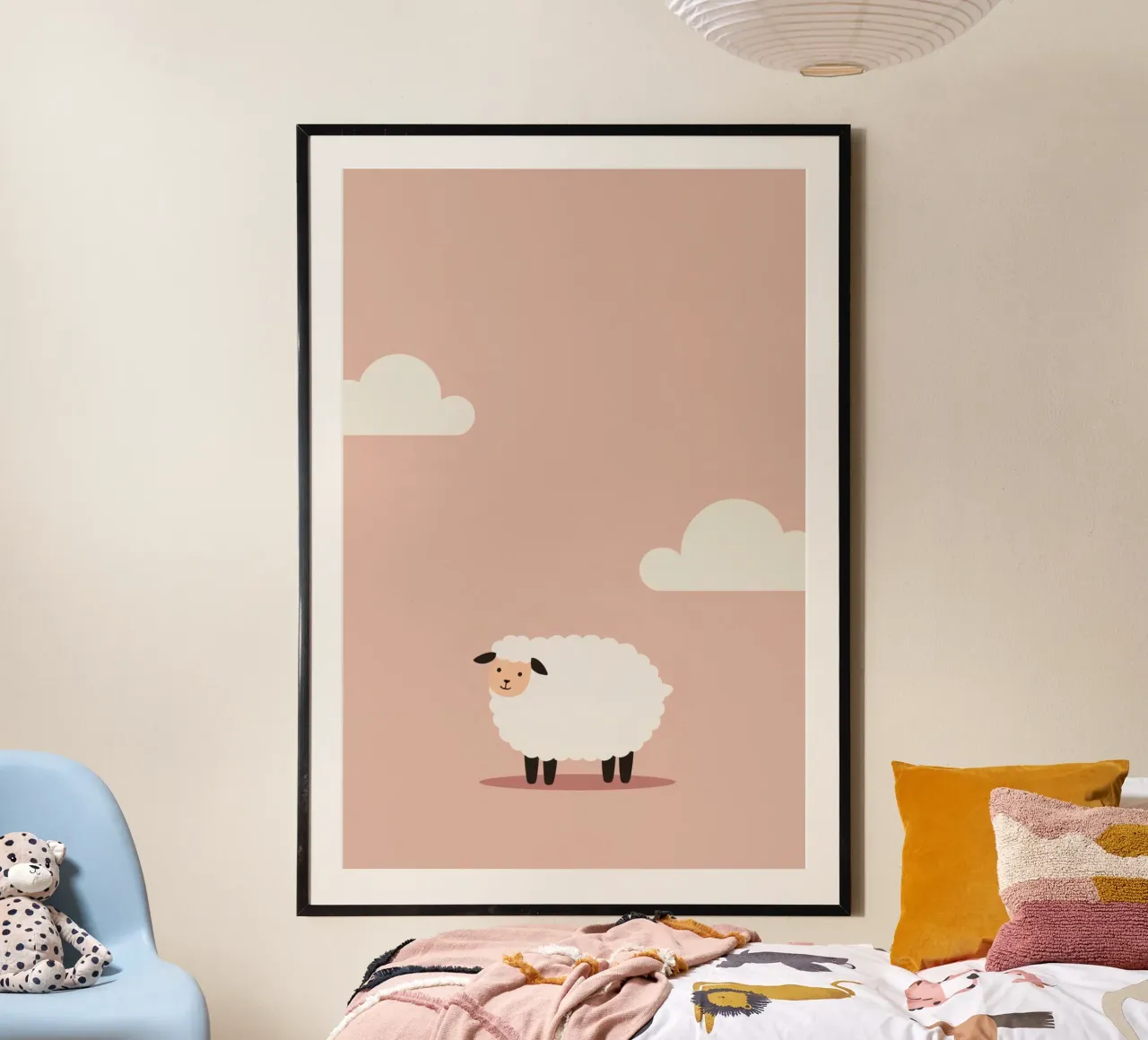 Pecore carine e nuvole su sfondo rosa poster da DesignDoodle