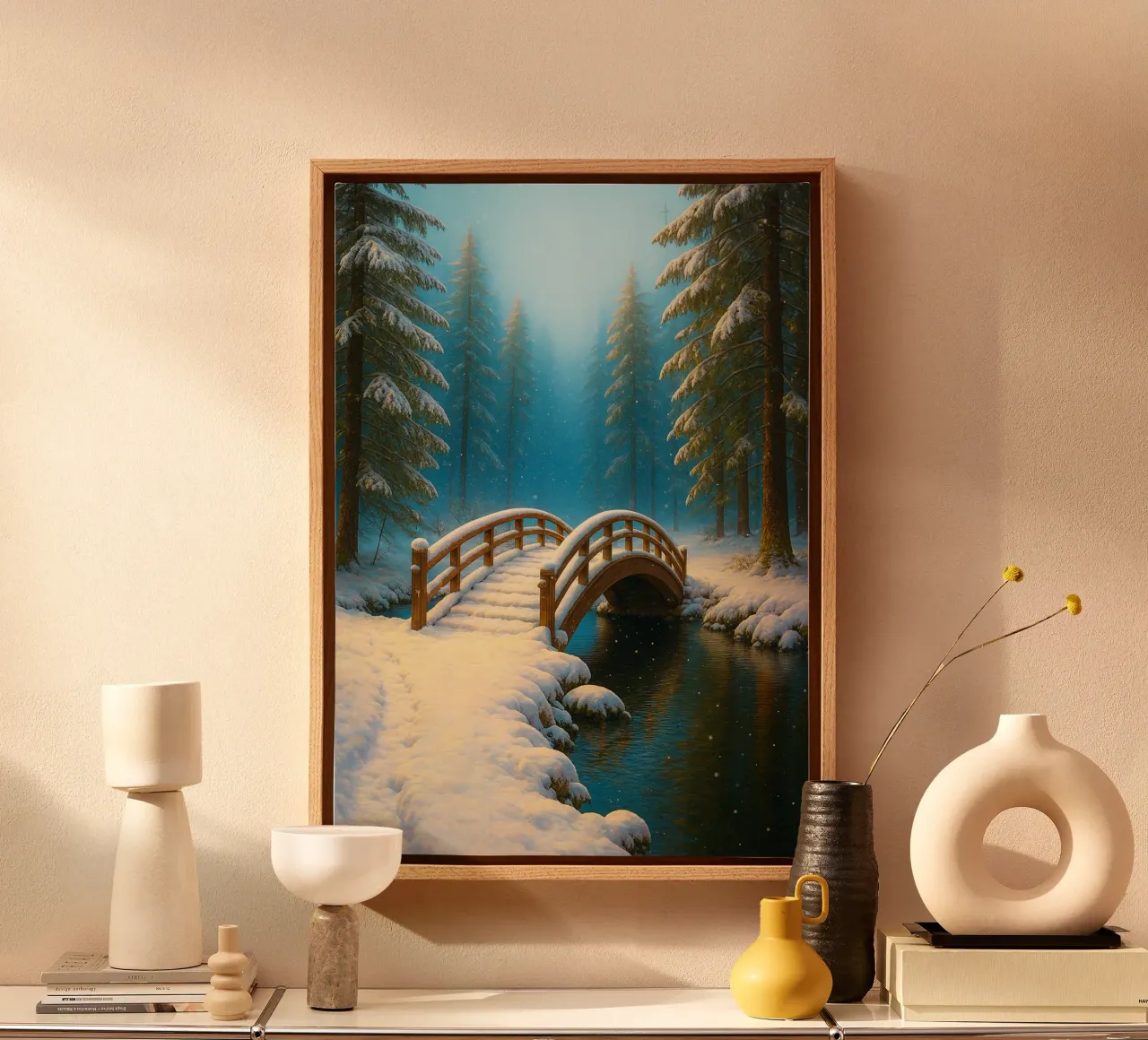 snow on the wooden bridge nature panorama canvas with Floater frame by chinerei