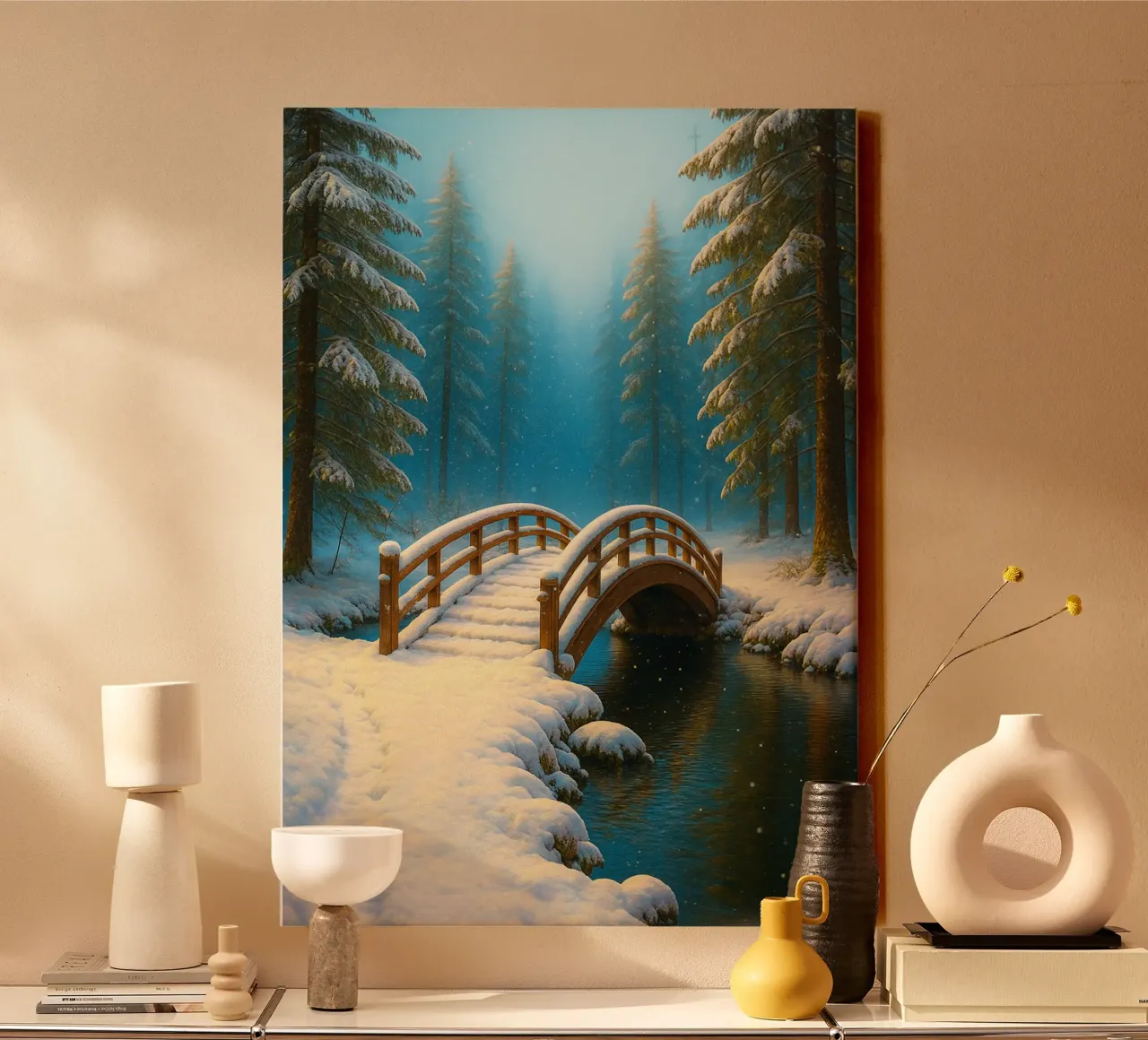 snow on the wooden bridge nature panorama canvas with Floater frame by chinerei