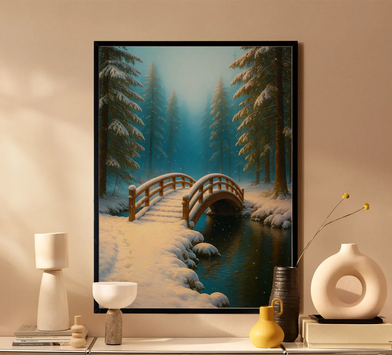neve sul ponte di legno panorama della natura poster con telaio in plastica da chinerei