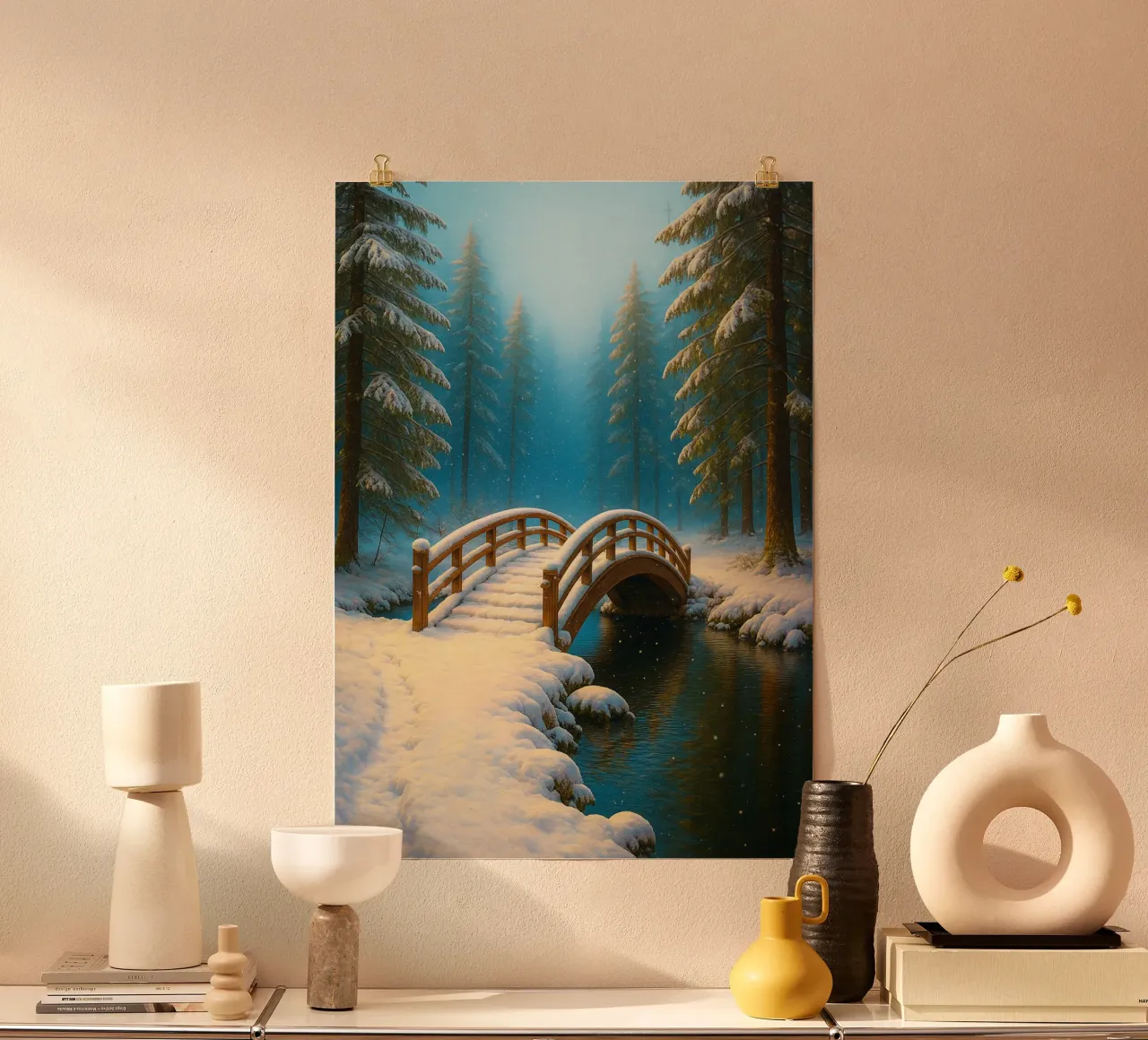 neve sul ponte di legno panorama della natura poster con telaio in plastica da chinerei