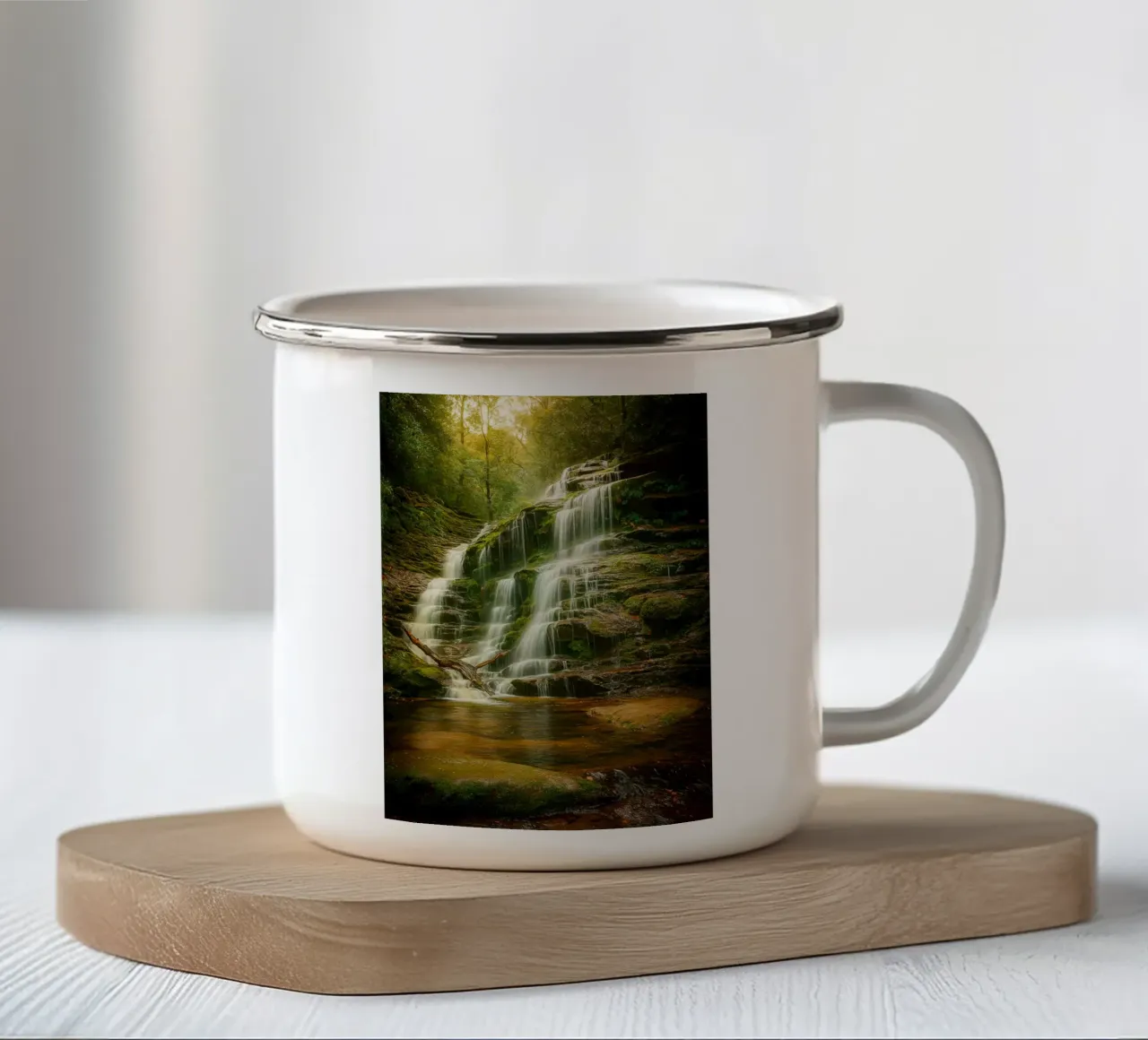 panorama naturale di una piccola cascata tazza in smalto da chinerei