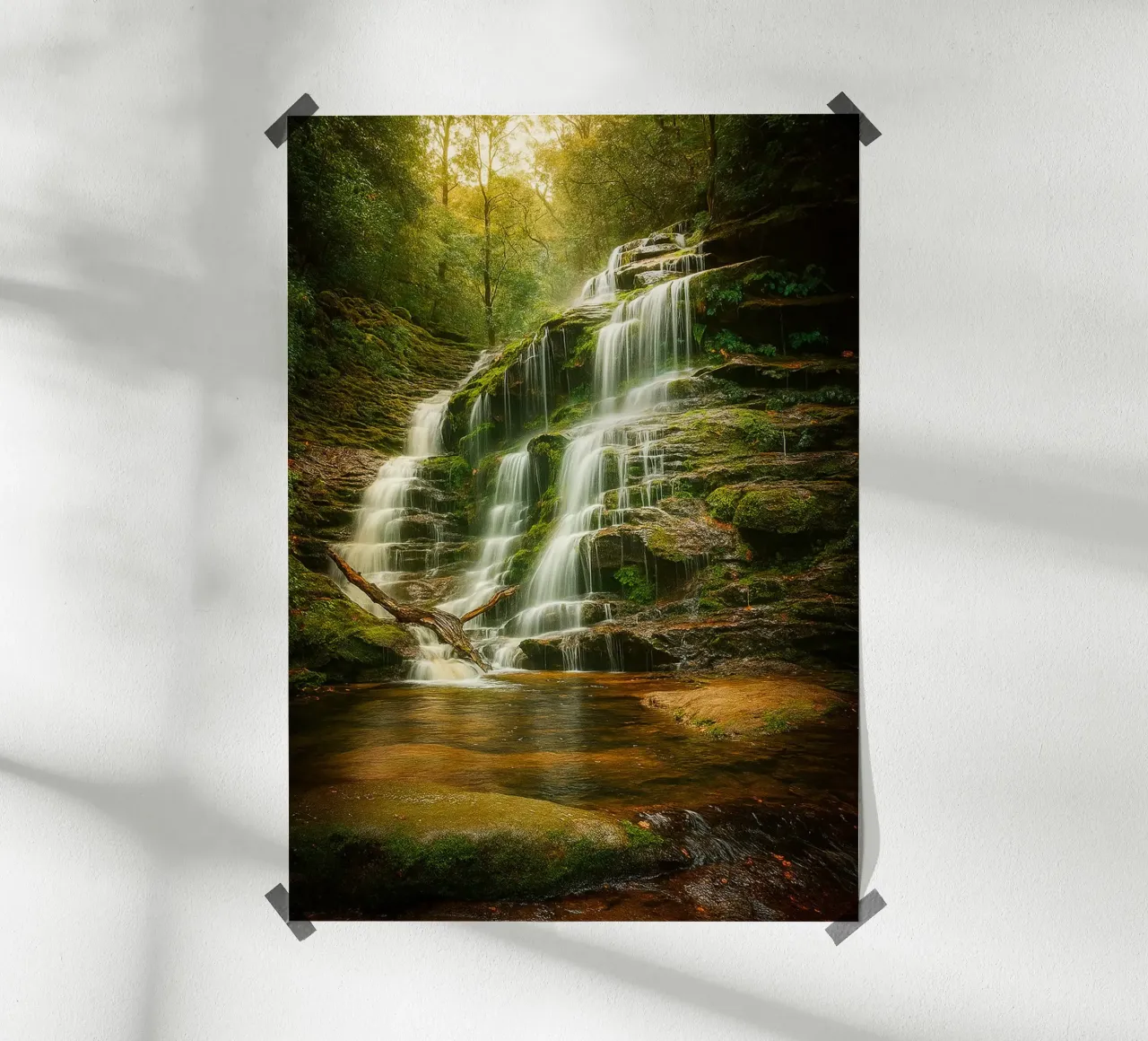 panorama naturale di una piccola cascata poster con telaio in legno da chinerei