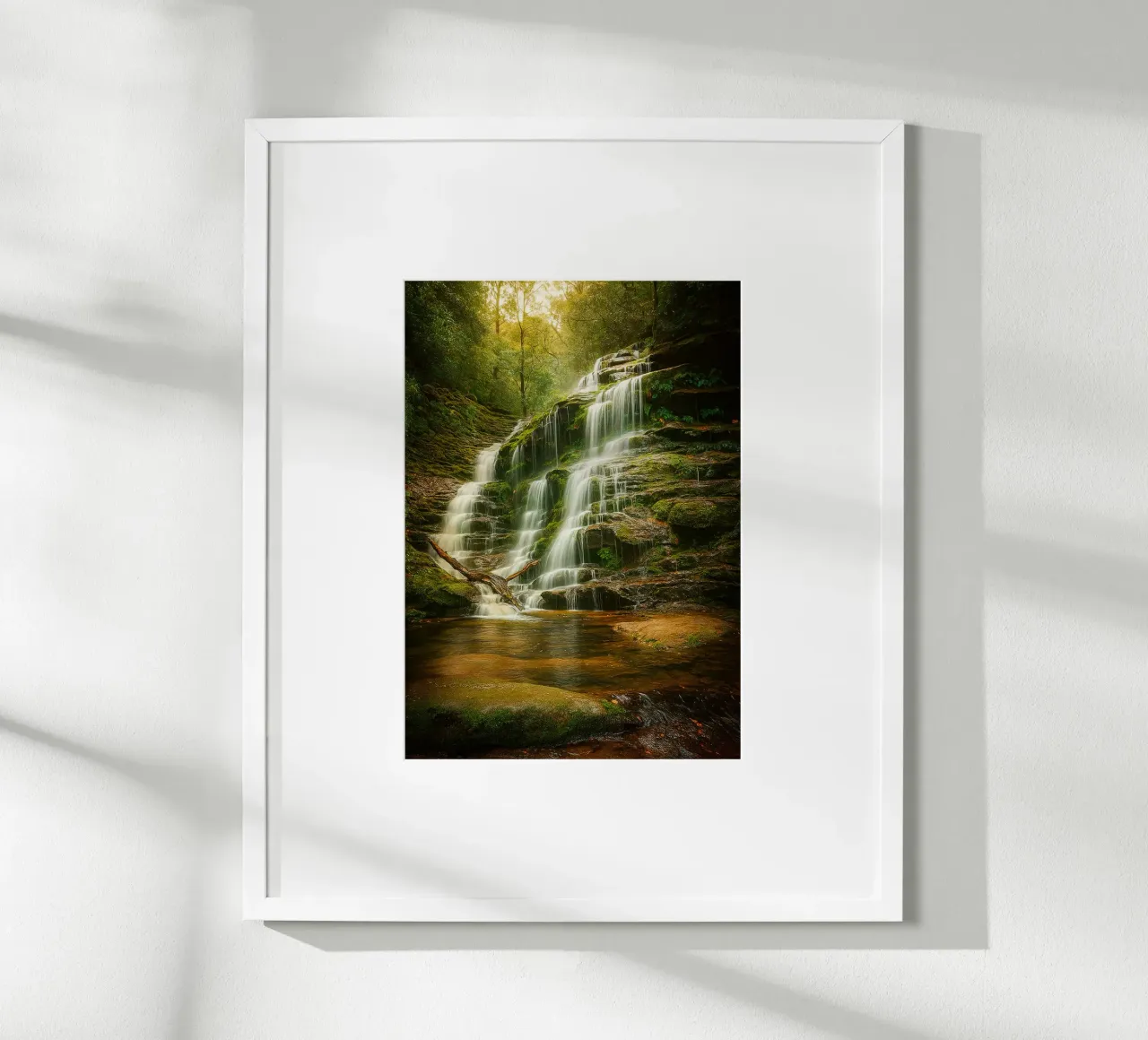 panorama naturale di una piccola cascata poster con telaio in legno da chinerei
