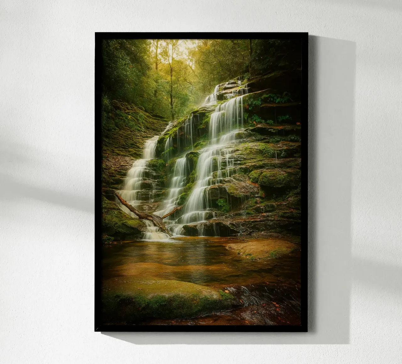panorama naturale di una piccola cascata poster con telaio in legno da chinerei