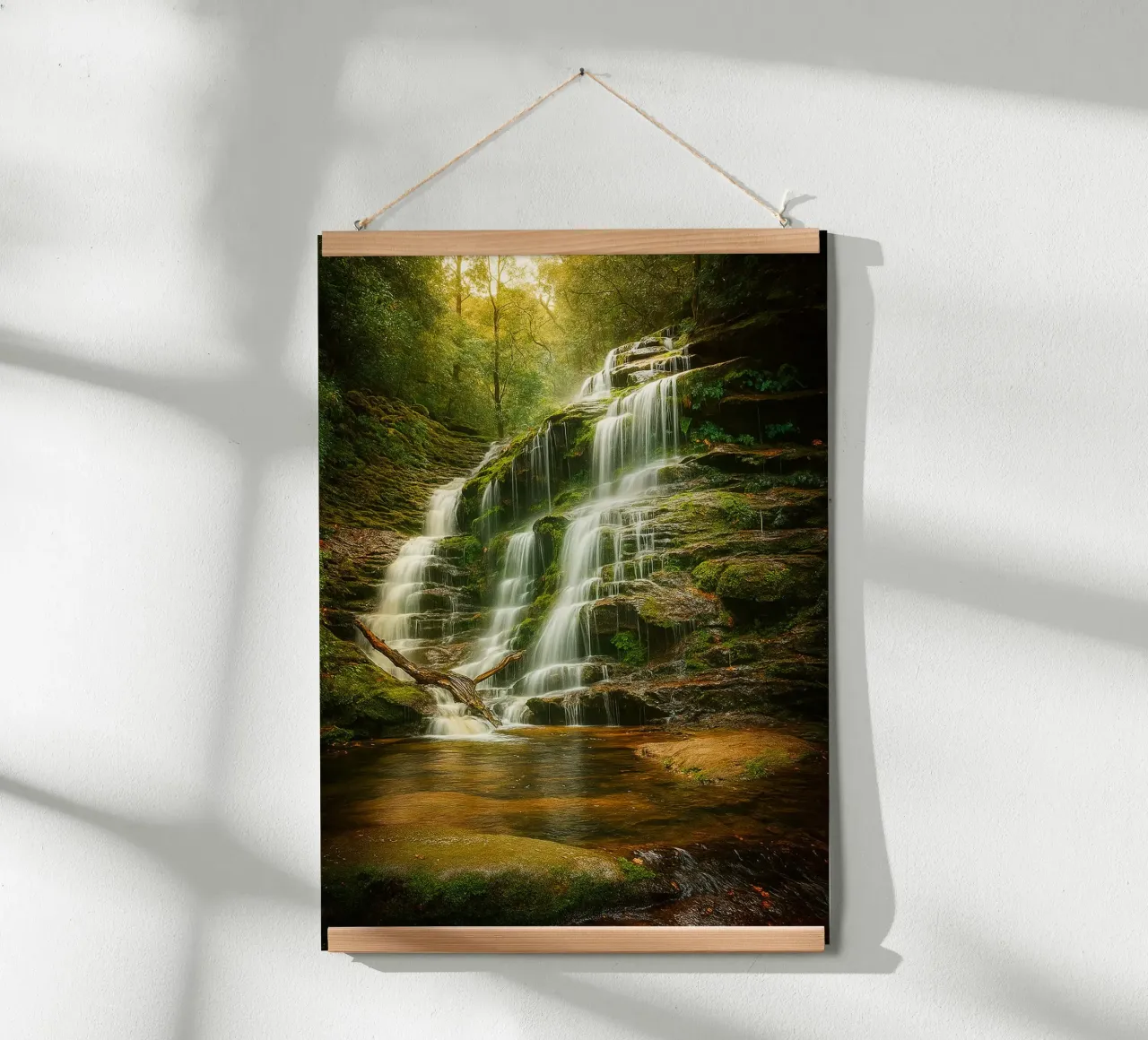 panorama naturale di una piccola cascata poster con telaio in legno da chinerei