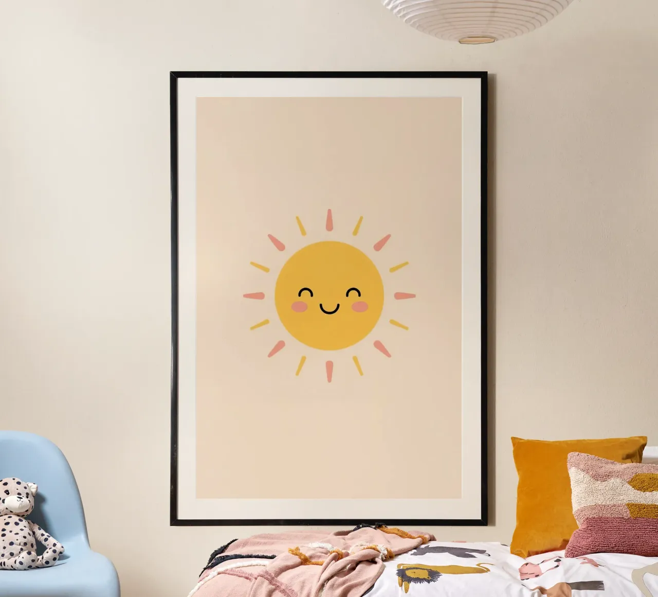 Sole felice e carino poster con telaio in legno da DesignDoodle