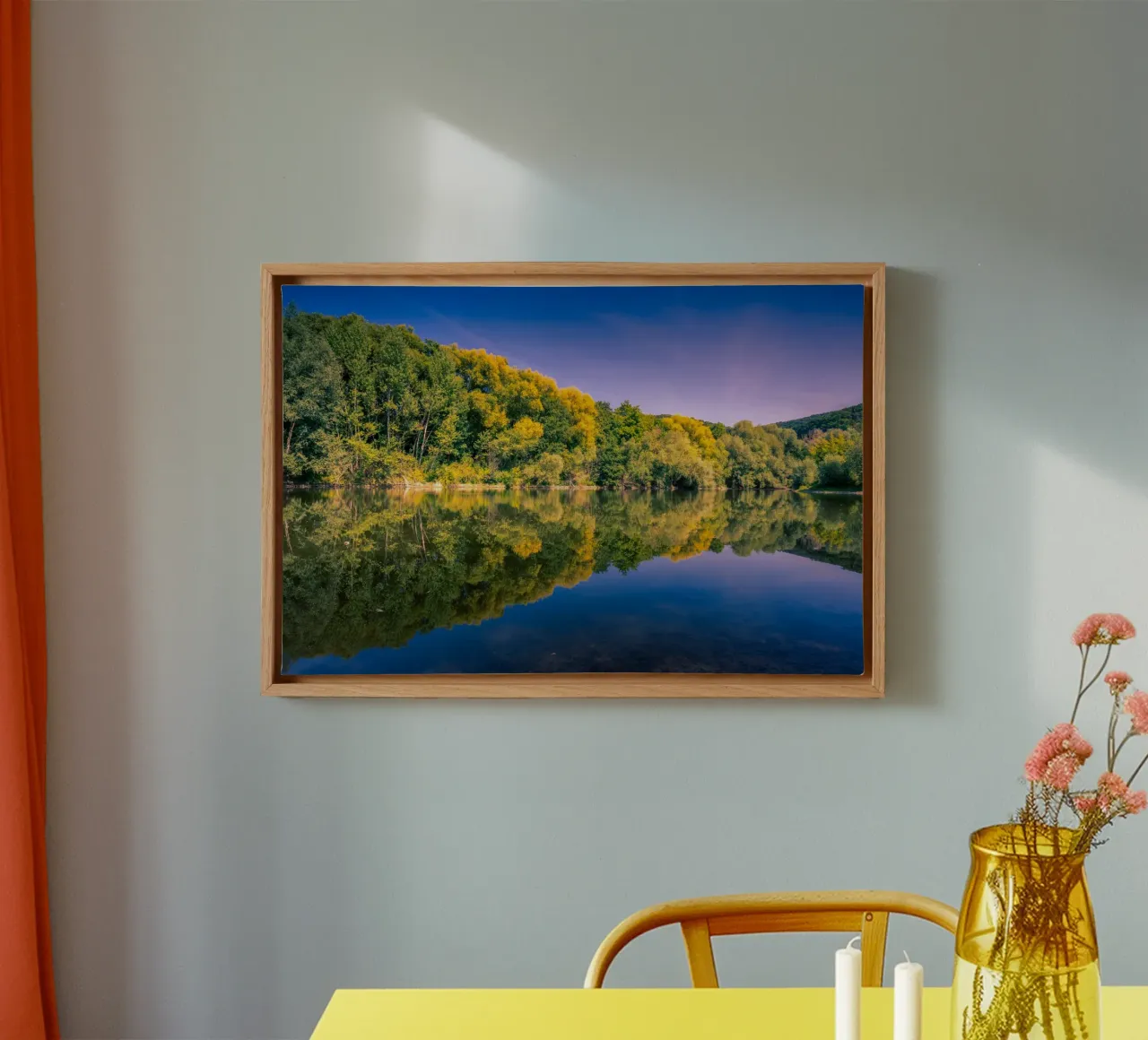 Reflection of trees in a small pond canvas with Floater frame by Marcus Beckert | Fotografie