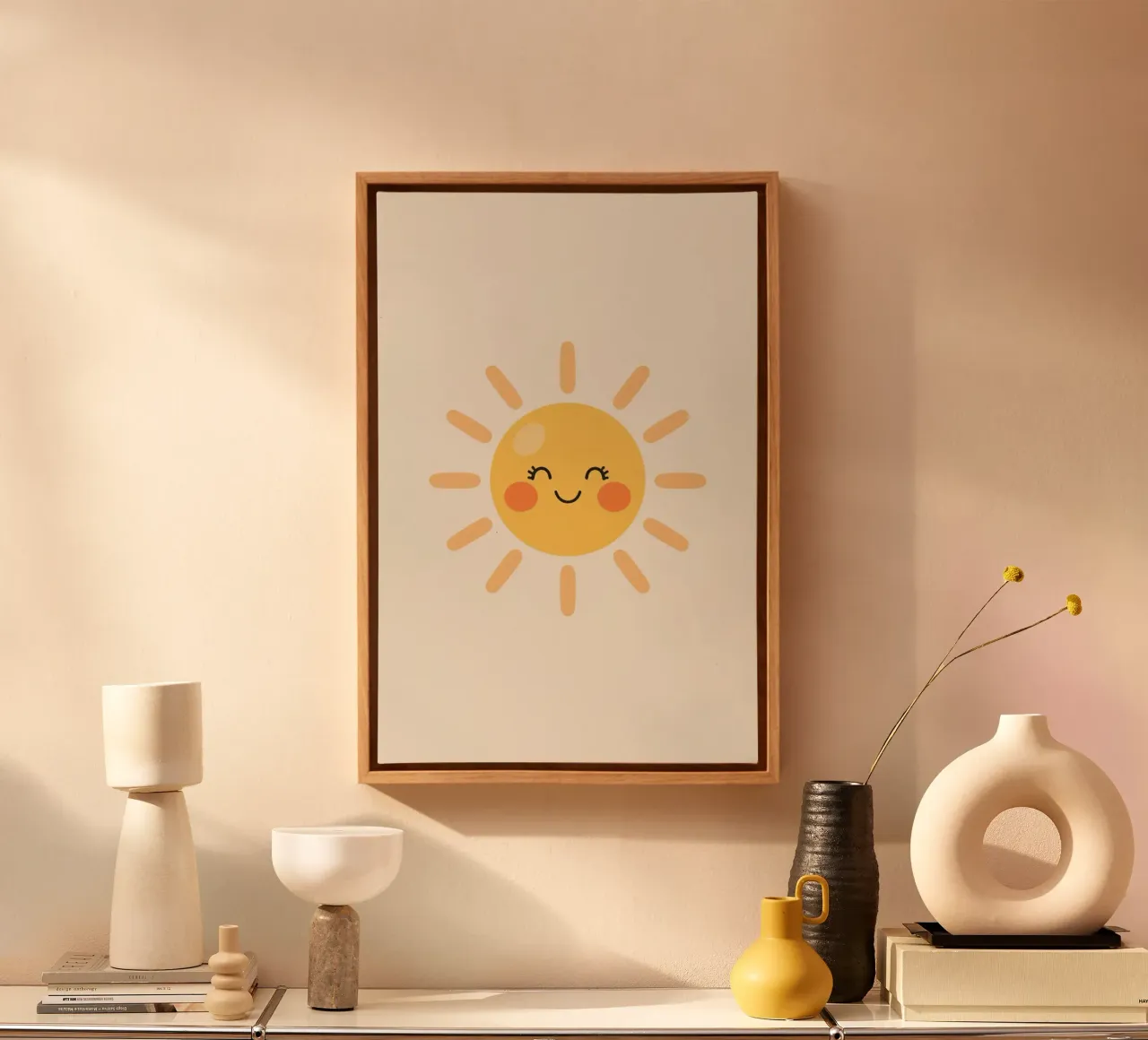 Mignon soleil heureux avec visage timide joues rouges toile avec Caisse américaine de DesignDoodle