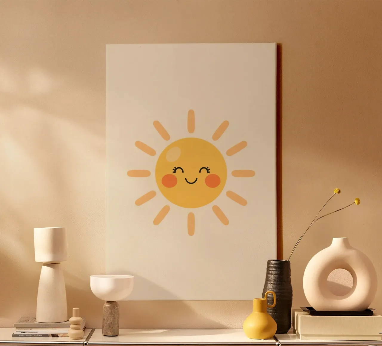 Mignon soleil heureux avec visage timide joues rouges toile avec Caisse américaine de DesignDoodle