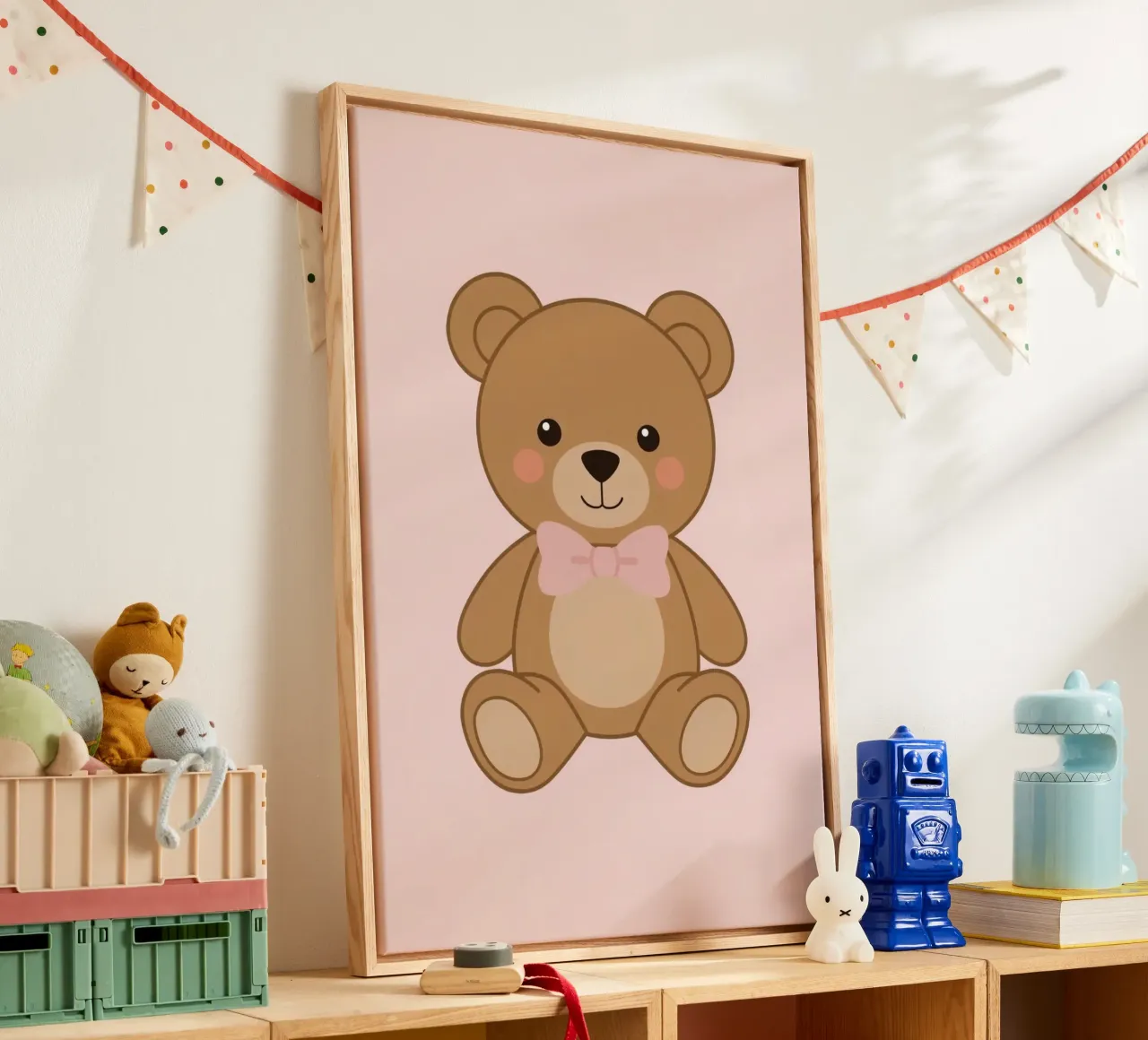Niedlicher Cartoon-Teddybär mit rosa Fliege auf rosa Hintergrund Leinwand mit Schattenfugenrahmen von DesignDoodle