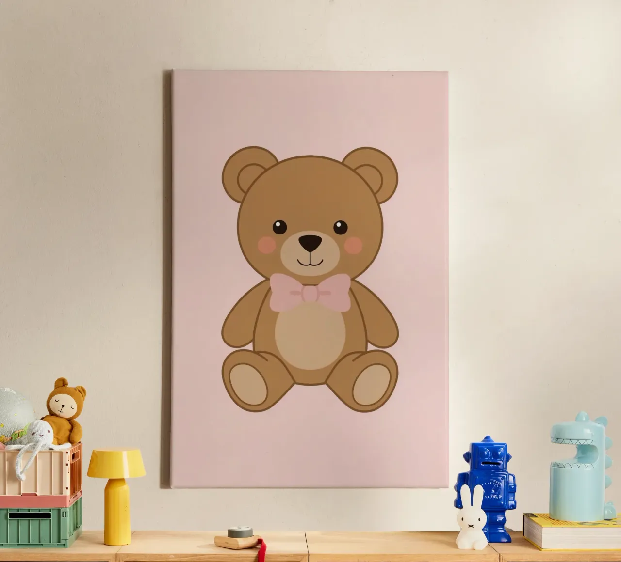 Niedlicher Cartoon-Teddybär mit rosa Fliege auf rosa Hintergrund Leinwand mit Schattenfugenrahmen von DesignDoodle