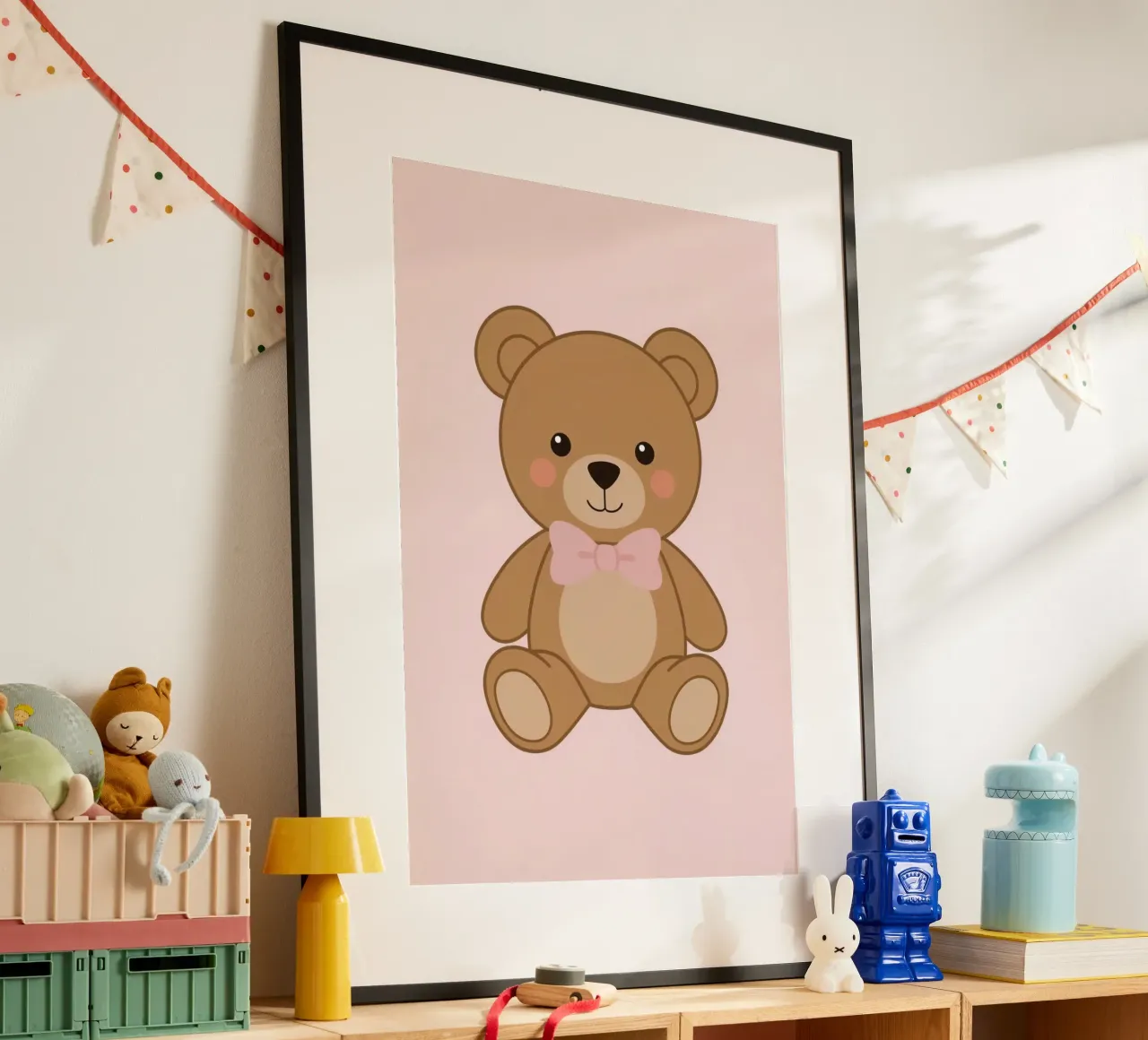 Orsetto carino dei cartoni animati con papillon rosa su sfondo rosa poster da DesignDoodle