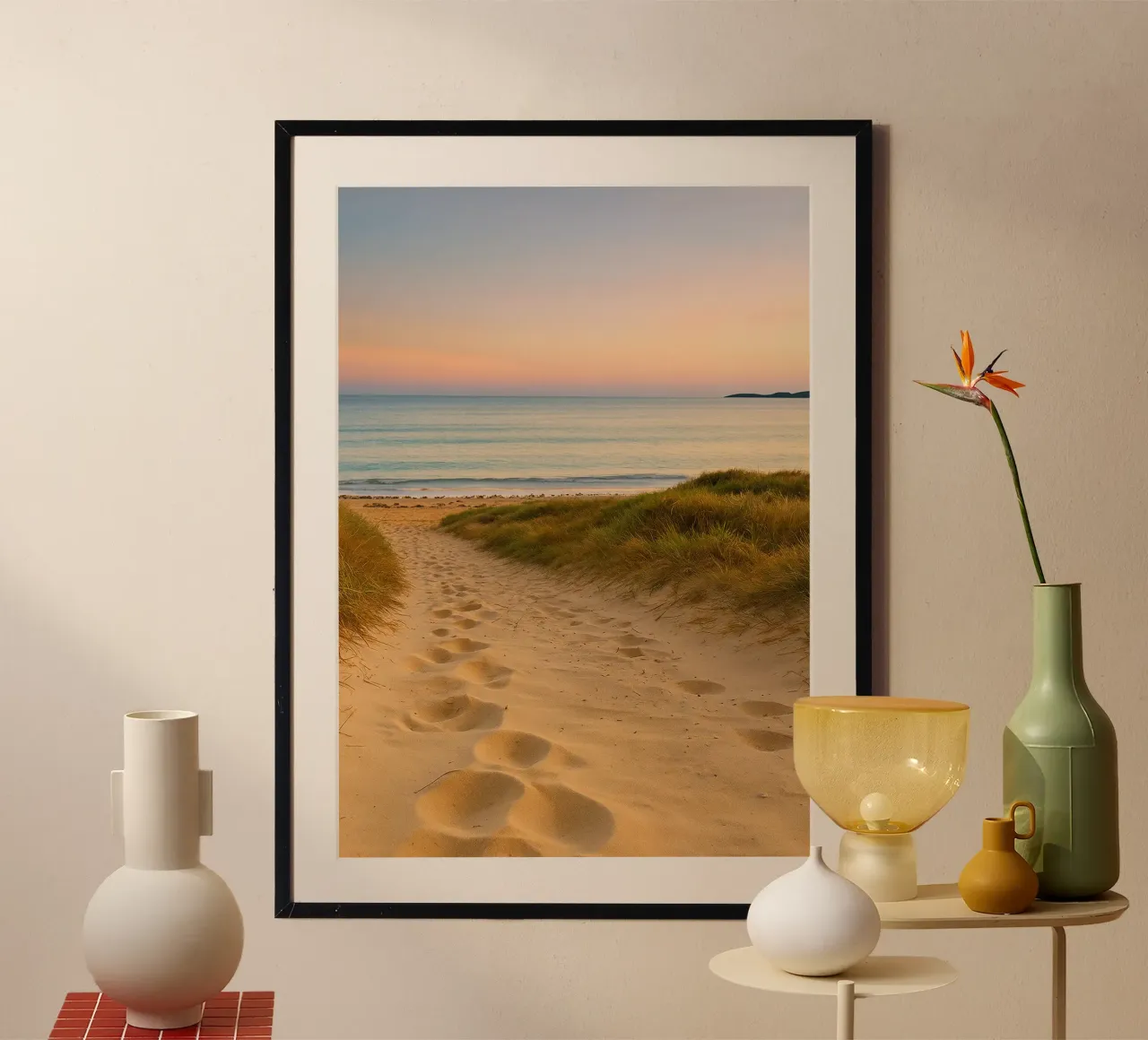 spiaggia di sabbia oceano natura panorama poster con telaio in plastica da chinerei