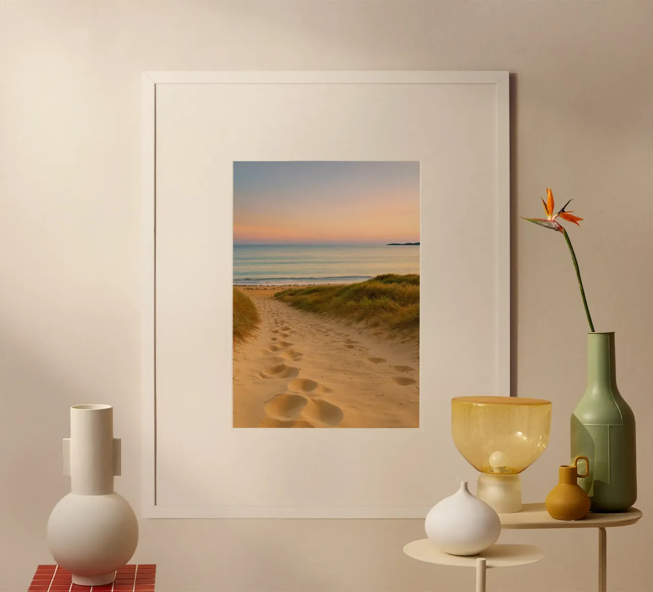 spiaggia di sabbia oceano natura panorama poster con telaio in plastica da chinerei