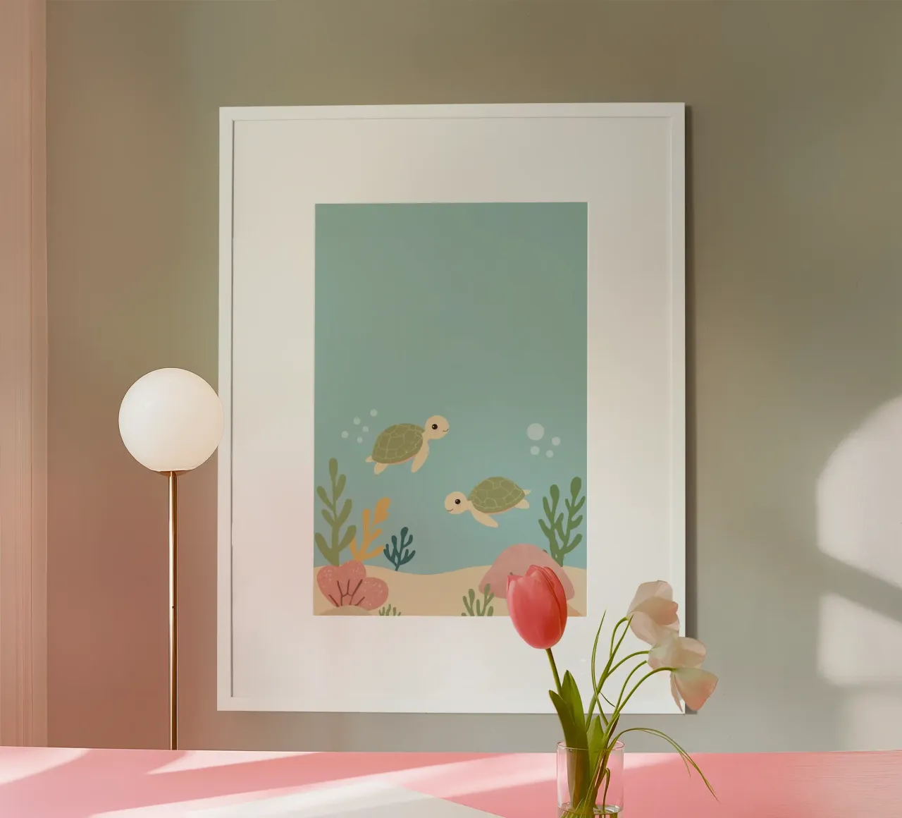 Tartarughe carine con corallo sul fondo dell'oceano poster con telaio in legno da DesignDoodle