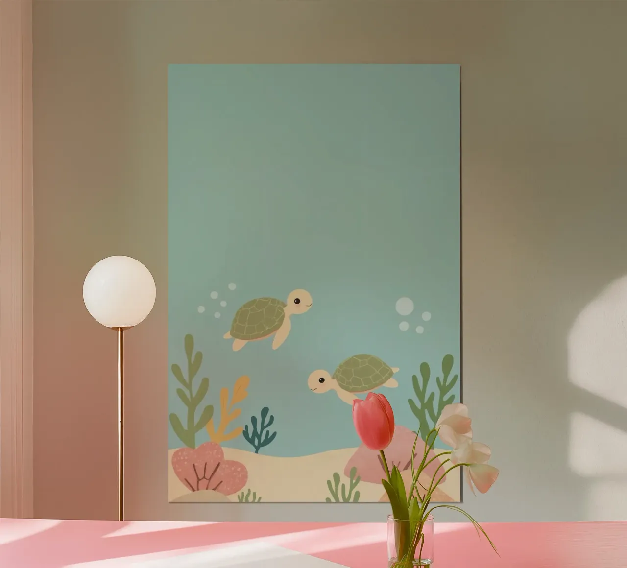 Tartarughe carine con corallo sul fondo dell'oceano poster con telaio in legno da DesignDoodle